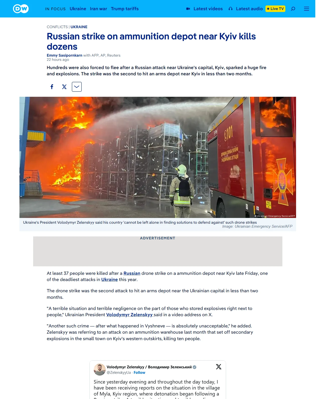 dw.com as published: Russian strike on ammunition depot near Kyiv kills dozens