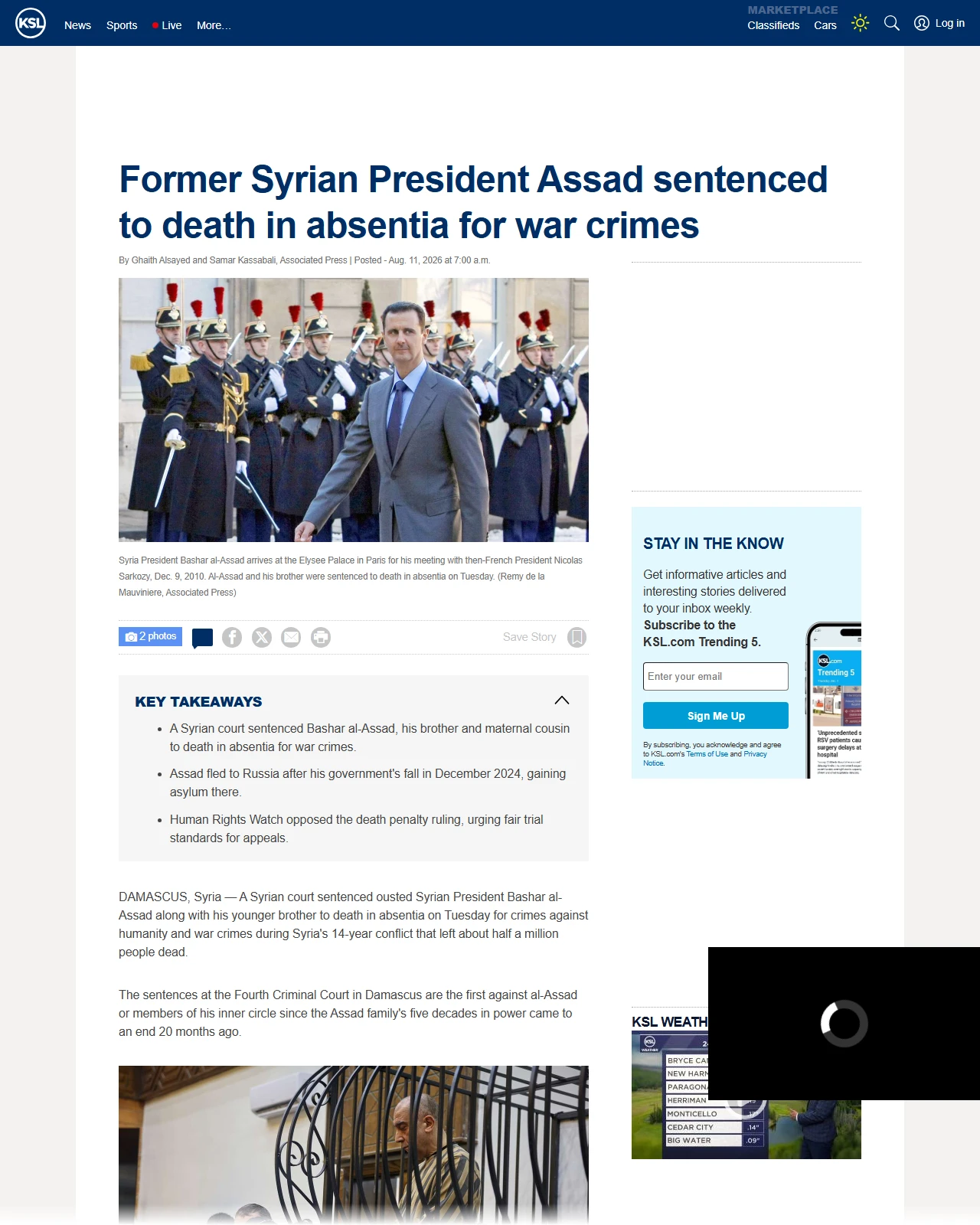 ksl.com as published: Former Syrian President Assad sentenced to death in absentia for war crimes
