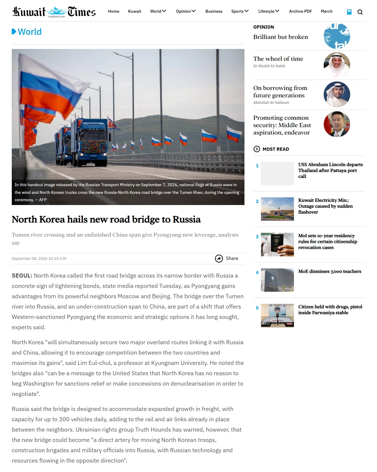 kuwaittimes.com as published: North Korea hails new road bridge to Russia