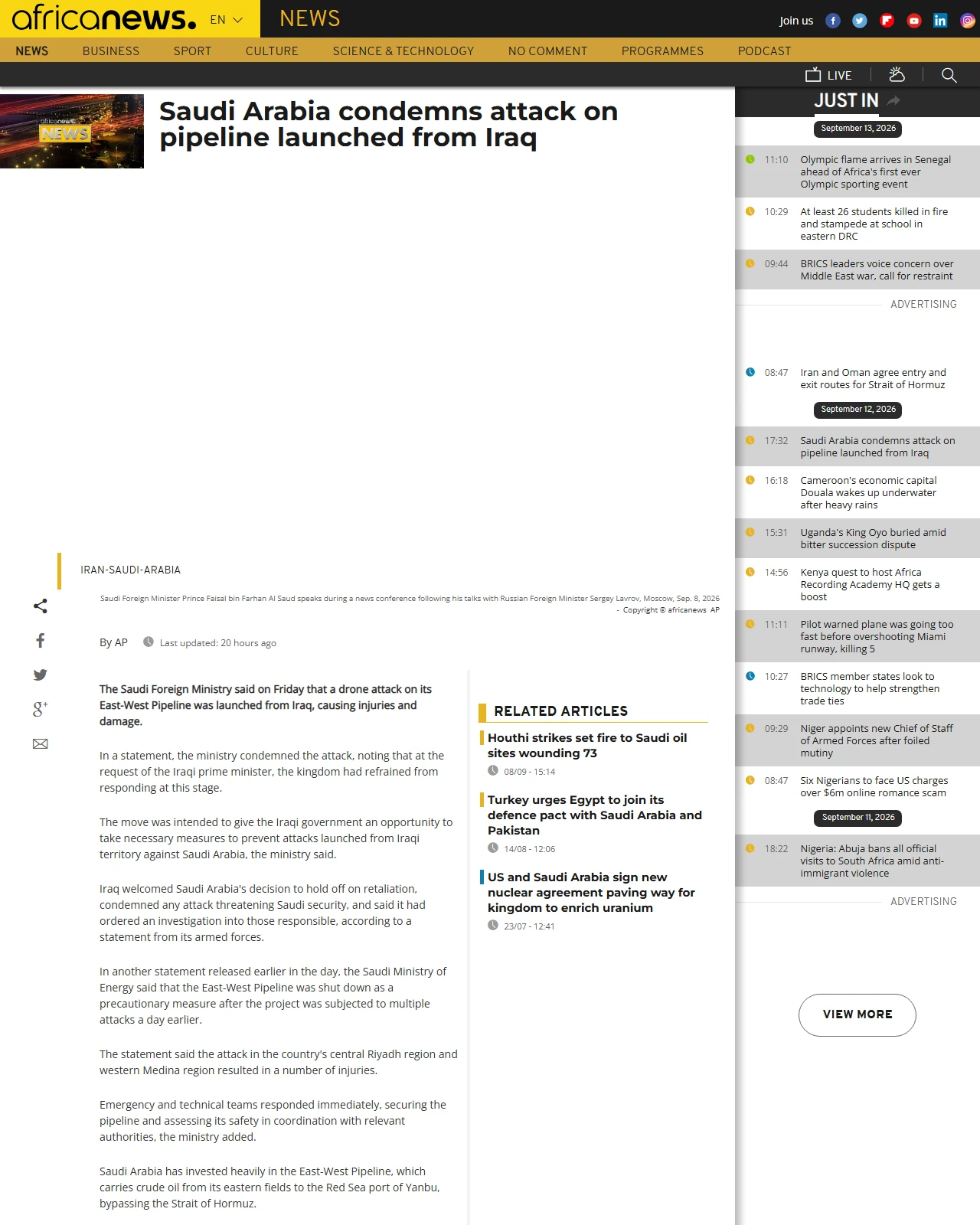 africanews.com as published: Saudi Arabia condemns attack on pipeline launched from Iraq