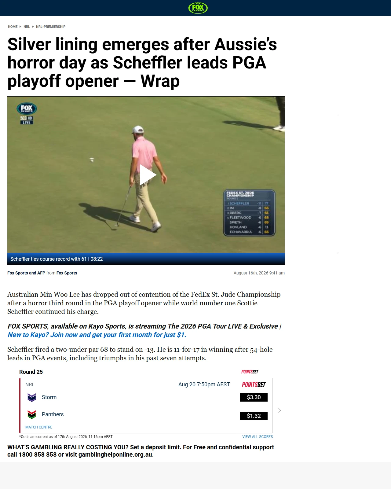 foxsports.com.au as published: Silver lining emerges after Aussie’s horror day as Scheffler leads PGA playoff opener — Wrap