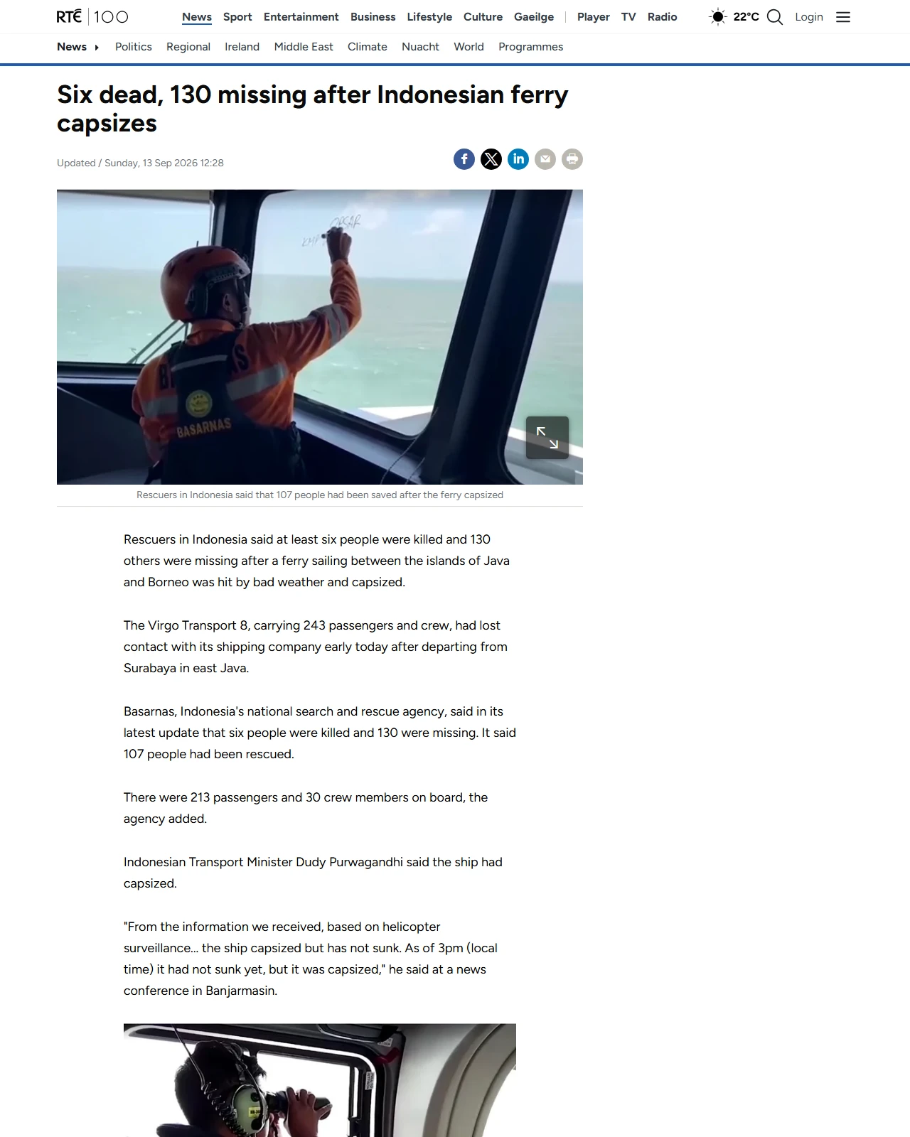 rte.ie as published: Six dead, 130 missing after Indonesian ferry capsizes