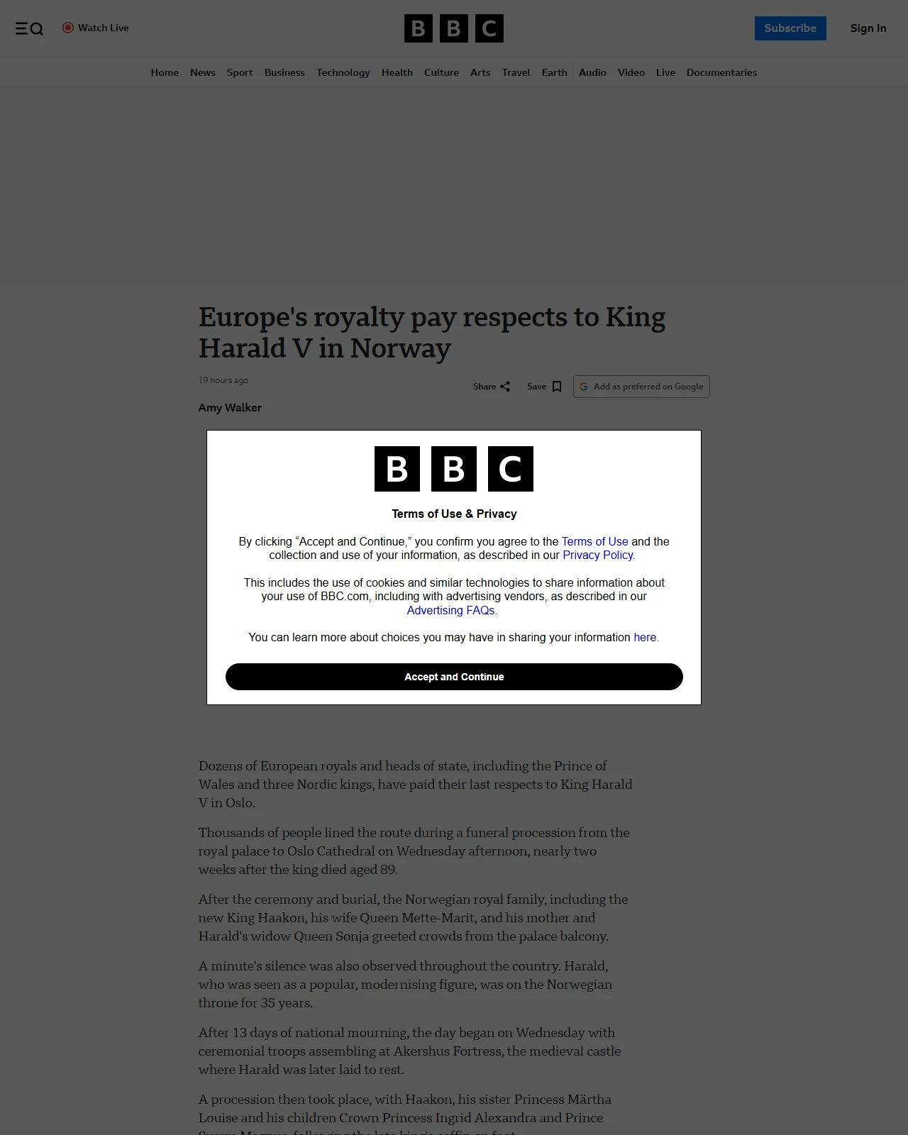 bbc.co.uk as published: Europe's royalty pay respects to King Harald V in Norway