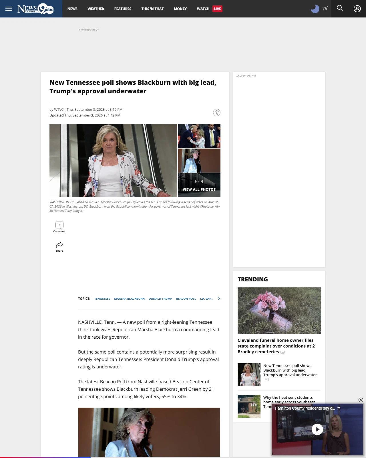 newschannel9.com as published: New Tennessee poll shows Blackburn with big lead, Trump's approval underwater