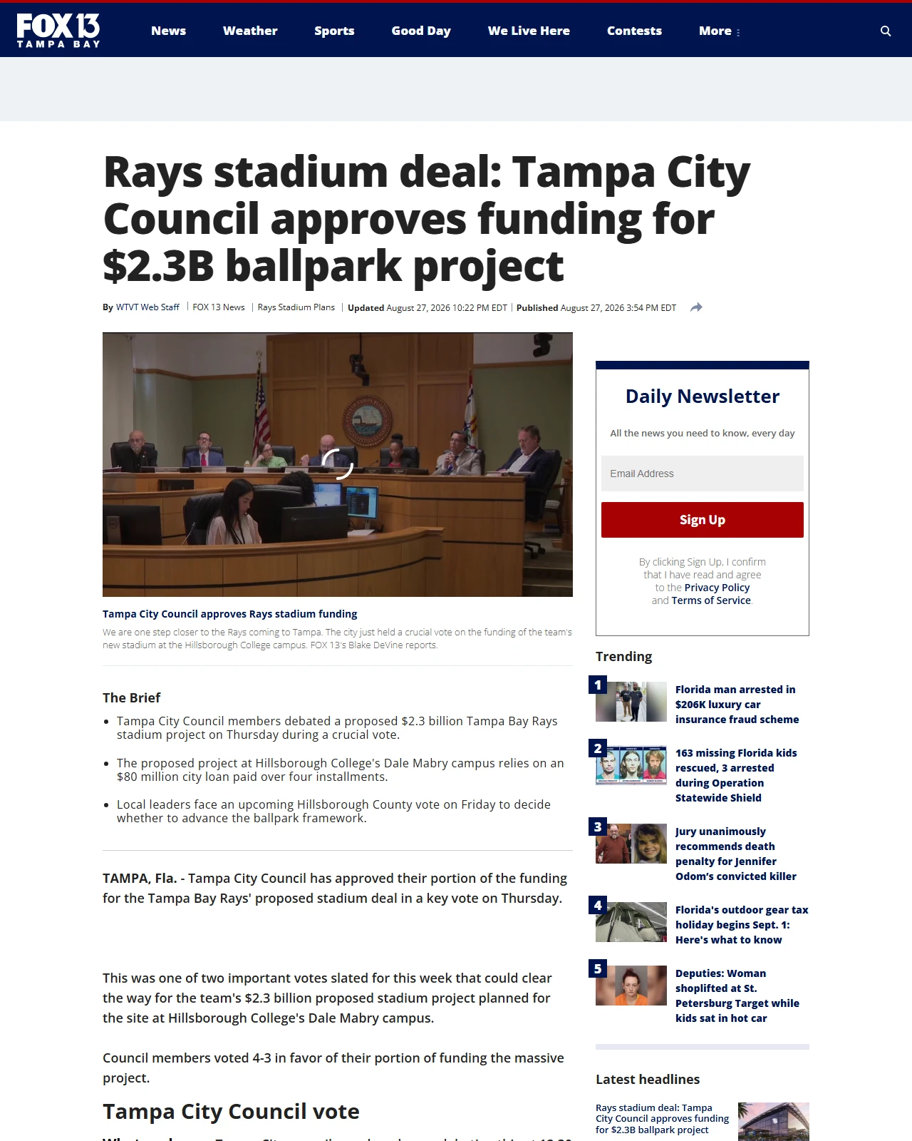 fox13news.com as published: Tampa City Council approves Rays stadium funding