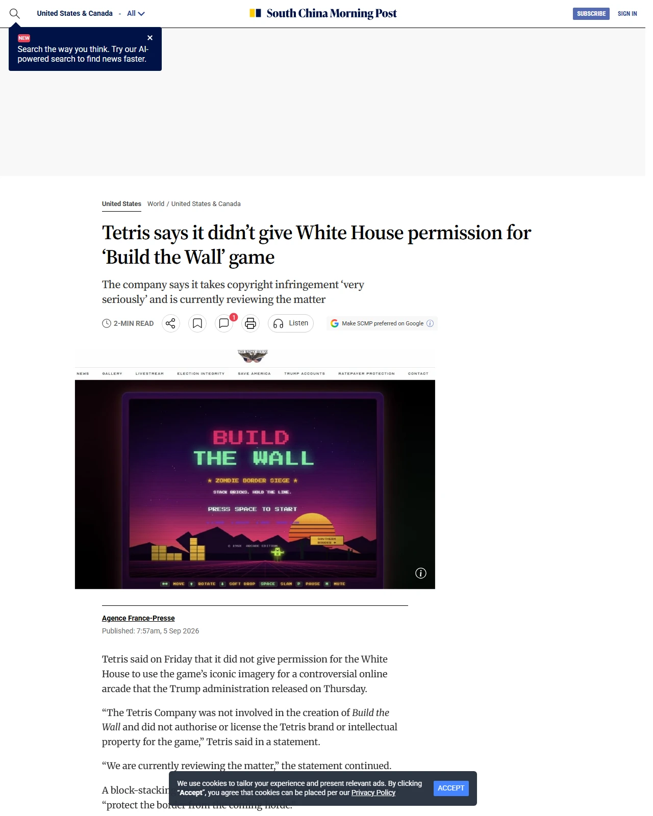 scmp.com as published: Tetris says it didn’t give White House permission for ‘Build the Wall’ game