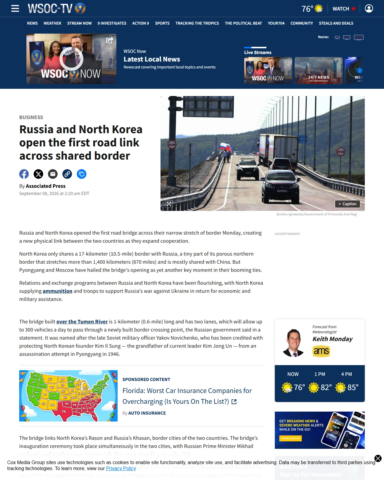wsoctv.com as published: Russia and North Korea open the first road link across shared border