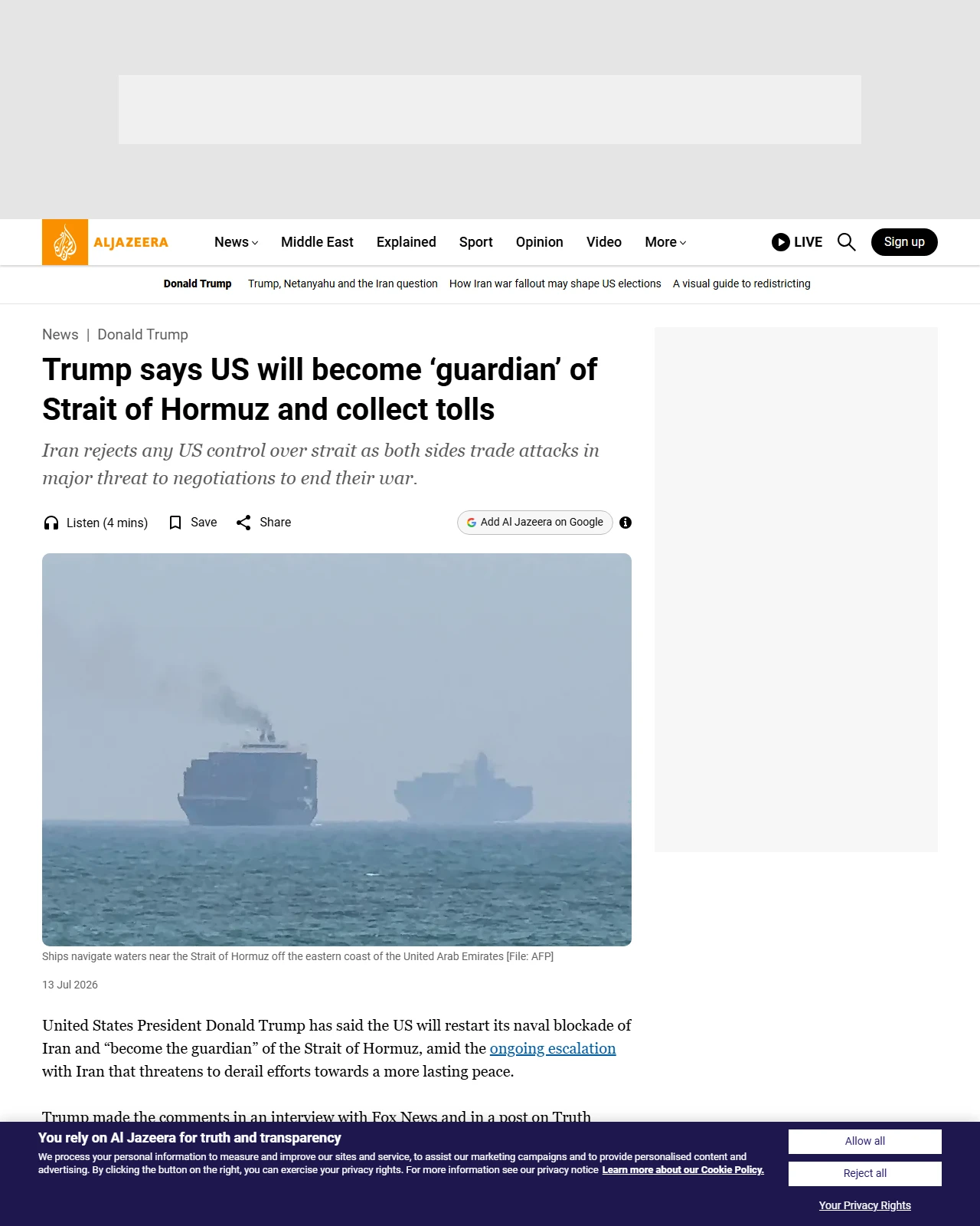 aljazeera.com as published: Trump says US will become ‘guardian’ of Strait of Hormuz and collect tolls