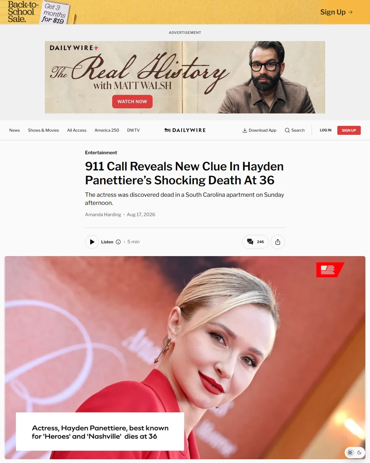 dailywire.com as published: 911 Call Reveals New Clue In Hayden Panettiere’s Shocking Death At 36