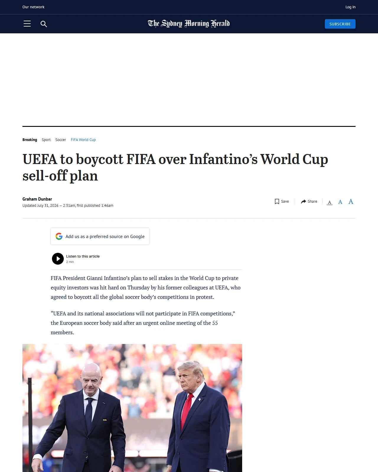 smh.com.au as published: UEFA to boycott FIFA over Infantino’s World Cup sell-off plan