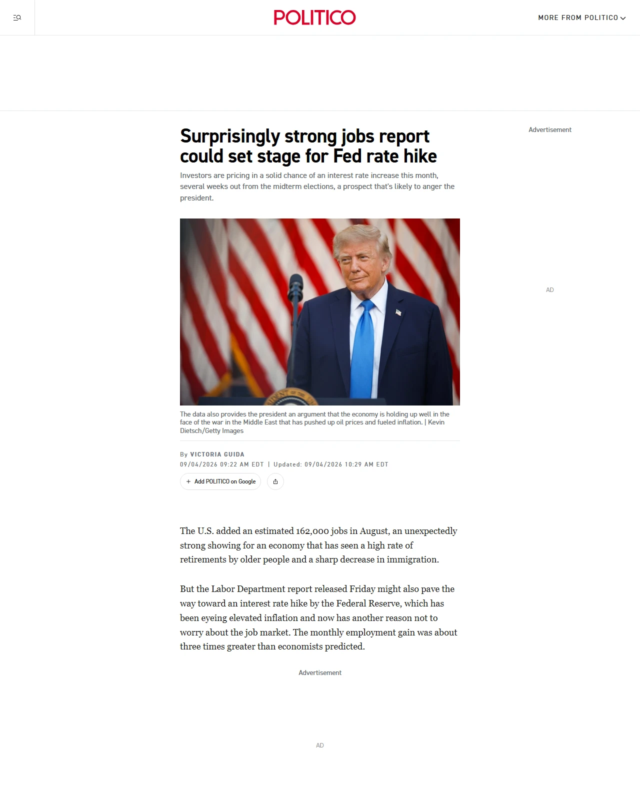 politico.com as published: Surprisingly strong jobs report could set stage for Fed rate hike