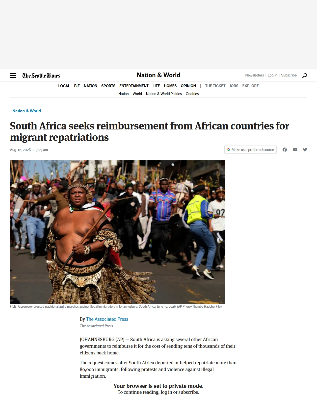 seattletimes.com as published: South Africa seeks reimbursement from African countries for migrant repatriations