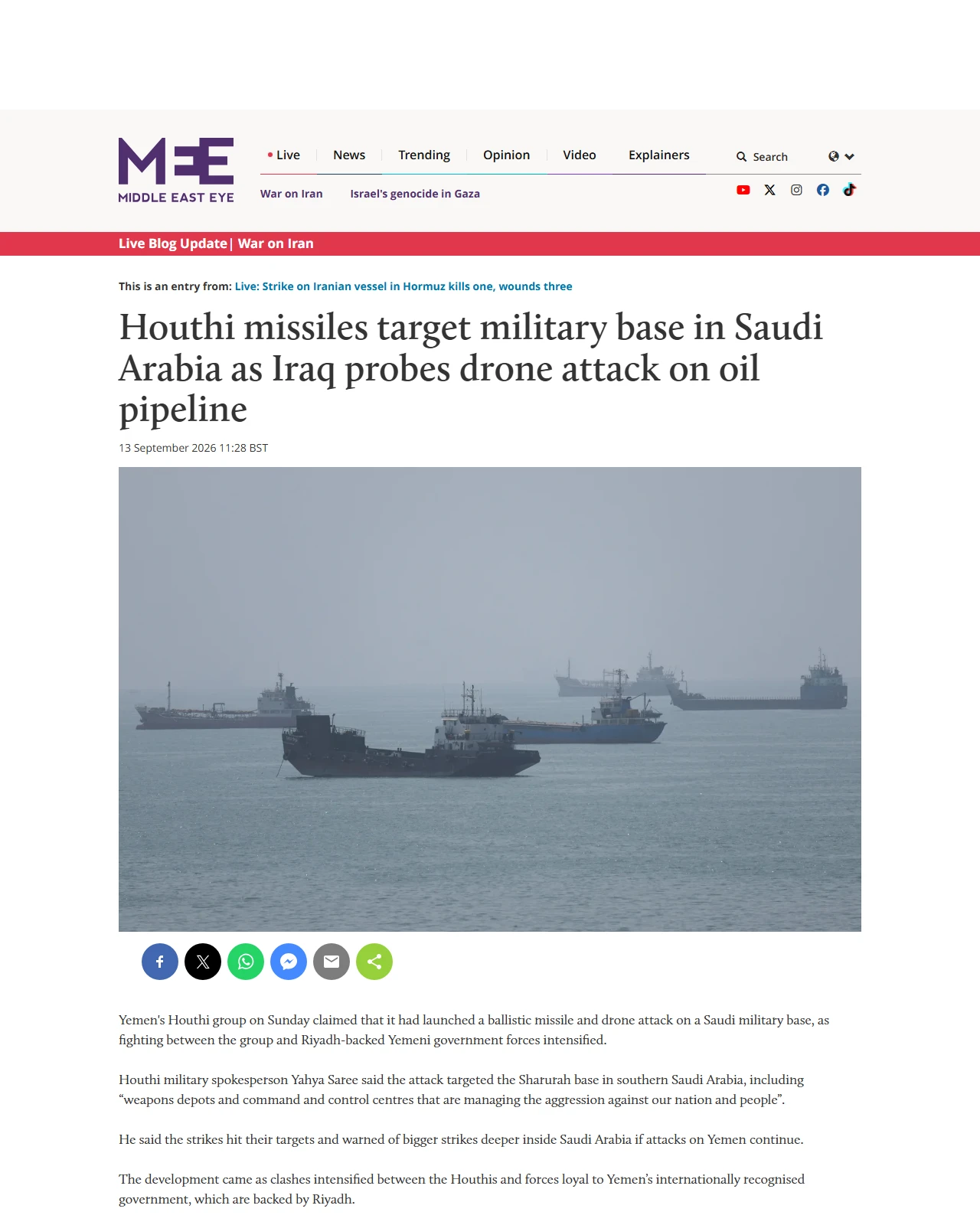 middleeasteye.net as published: Houthi missiles target military base in Saudi Arabia as Iraq probes drone attack on oil pipeline