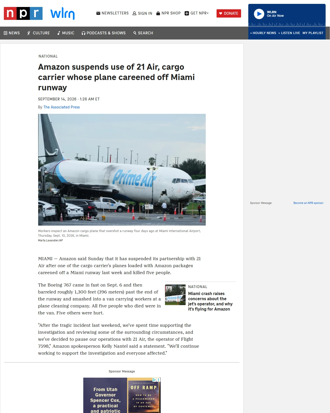 npr.org as published: Amazon suspends use of 21 Air, cargo carrier whose plane careened off Miami runway