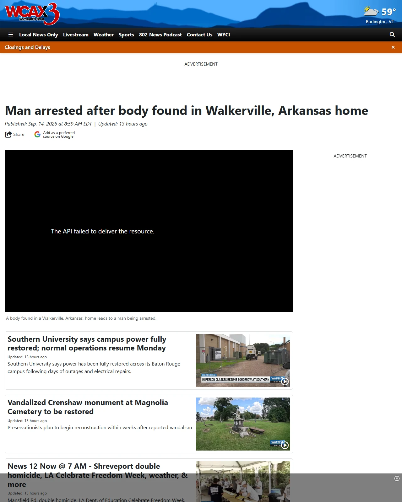 wcax.com as published: Man arrested after body found in Walkerville, Arkansas home