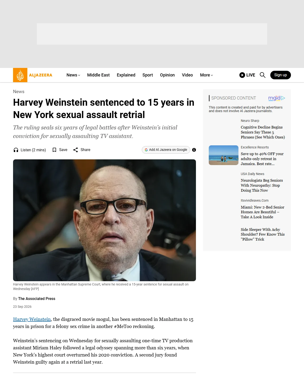 aljazeera.com as published: Harvey Weinstein sentenced to 15 years in New York sexual assault retrial