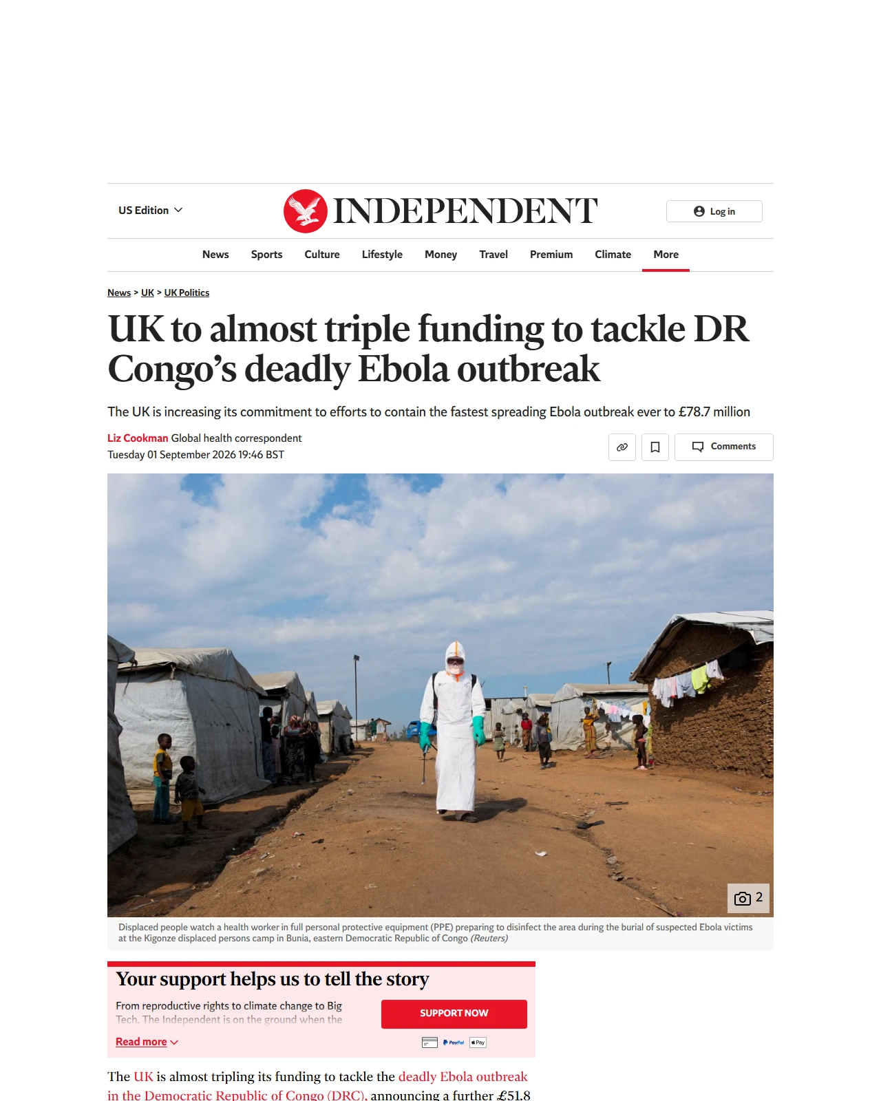 independent.co.uk as published: UK to almost triple funding to tackle DR Congo’s deadly Ebola outbreak