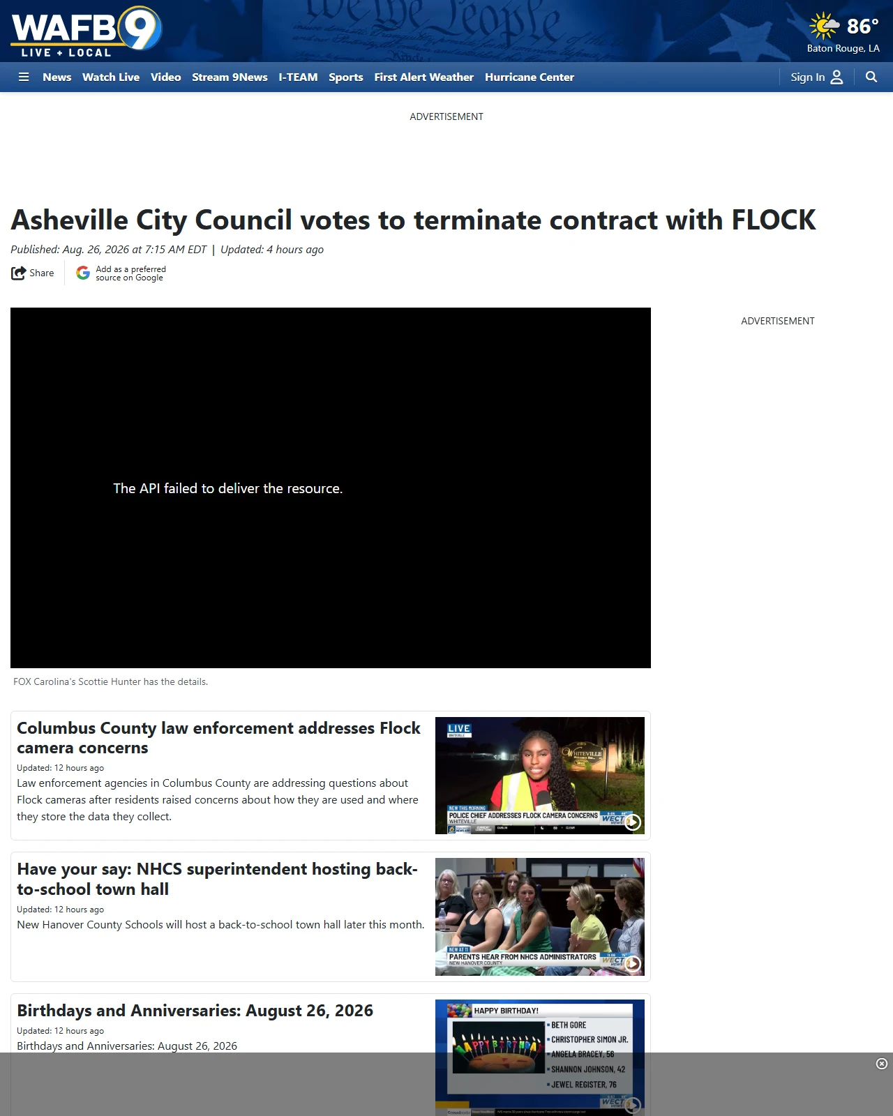 wafb.com as published: Asheville City Council votes to terminate contract with FLOCK