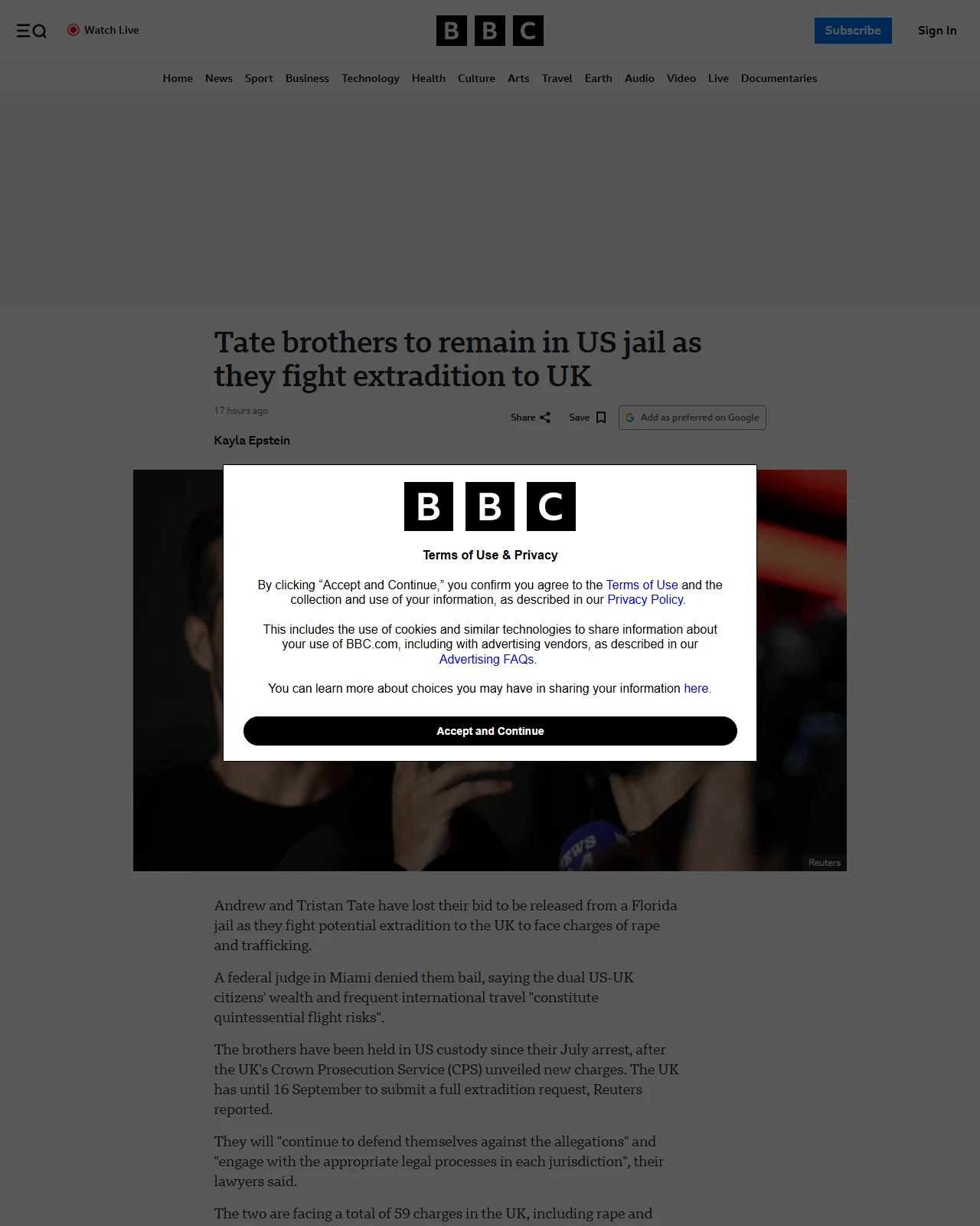 bbc.co.uk as published: Tate brothers to remain in US jail as they fight extradition to UK