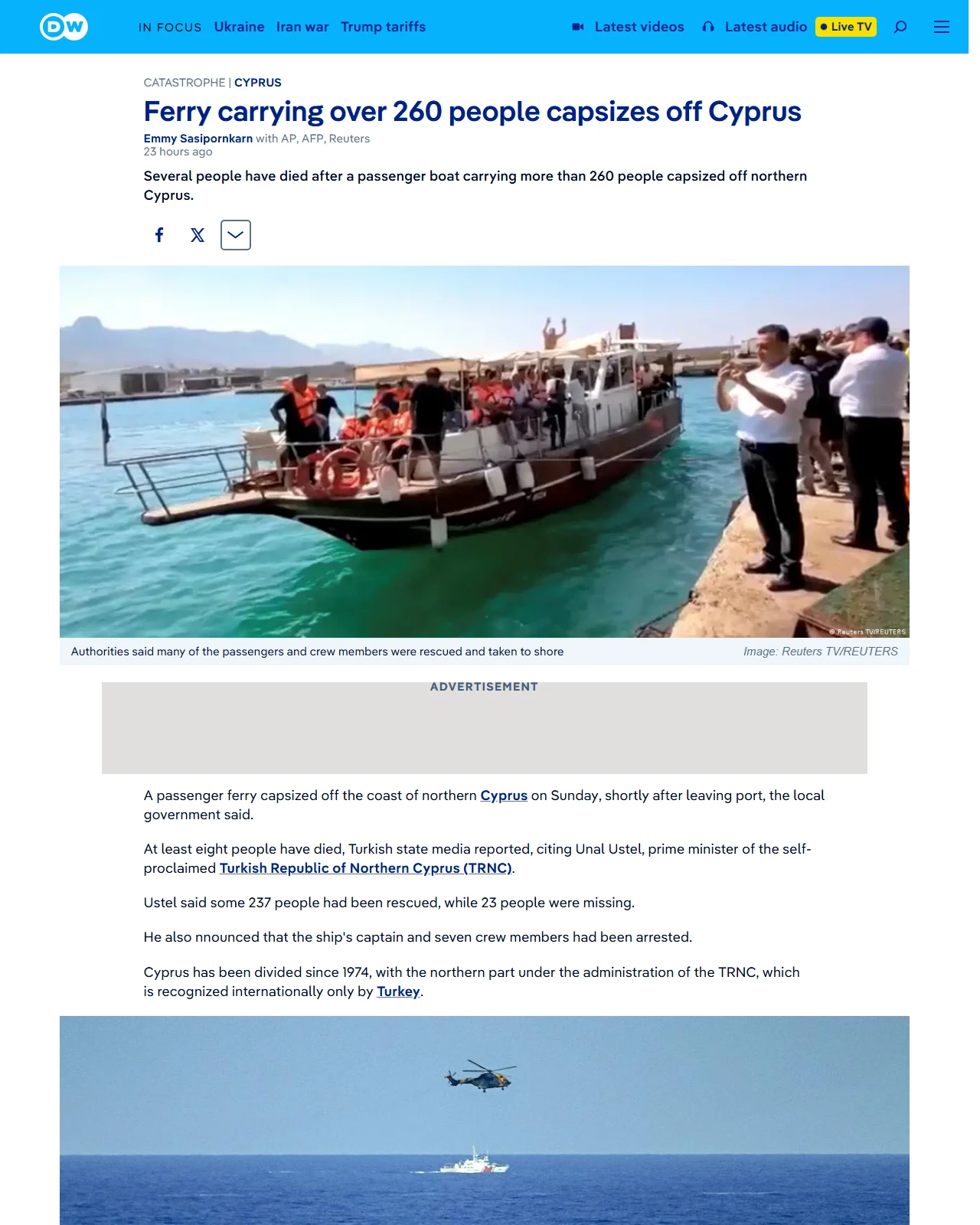 dw.com as published: Ferry carrying over 260 people capsizes off Cyprus