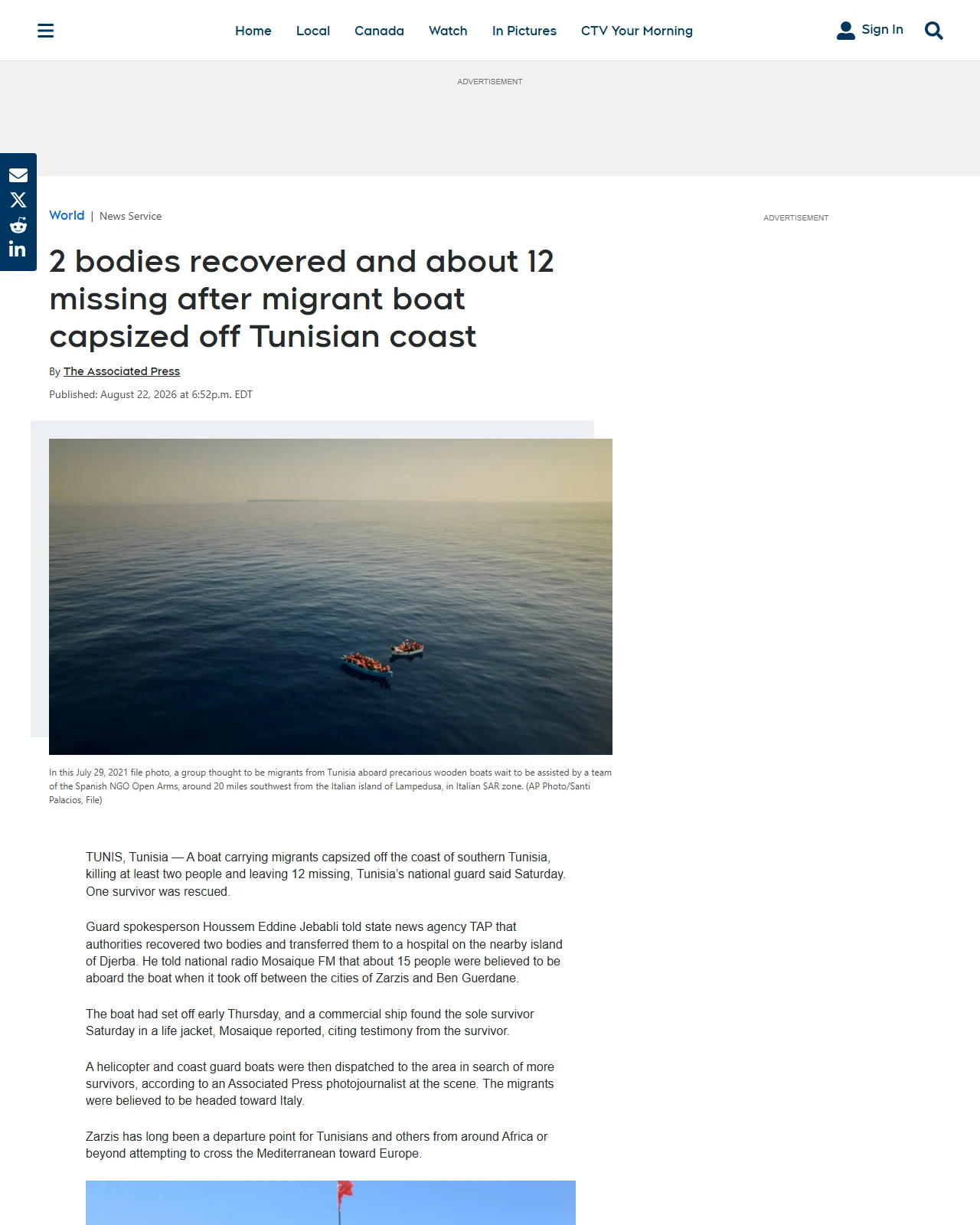 ctvnews.ca as published: 2 bodies recovered and about 12 missing after migrant boat capsized off Tunisian coast