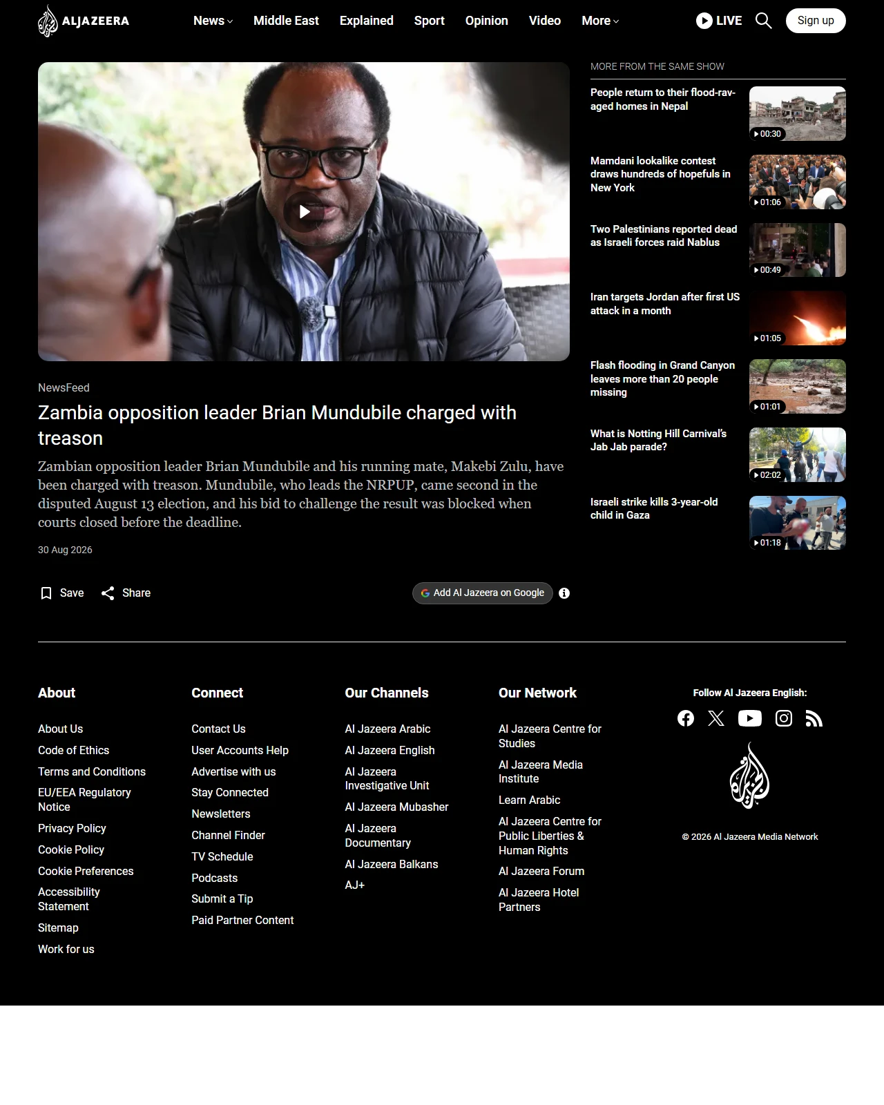 aljazeera.com as published: Zambia opposition leader Brian Mundubile charged with treason