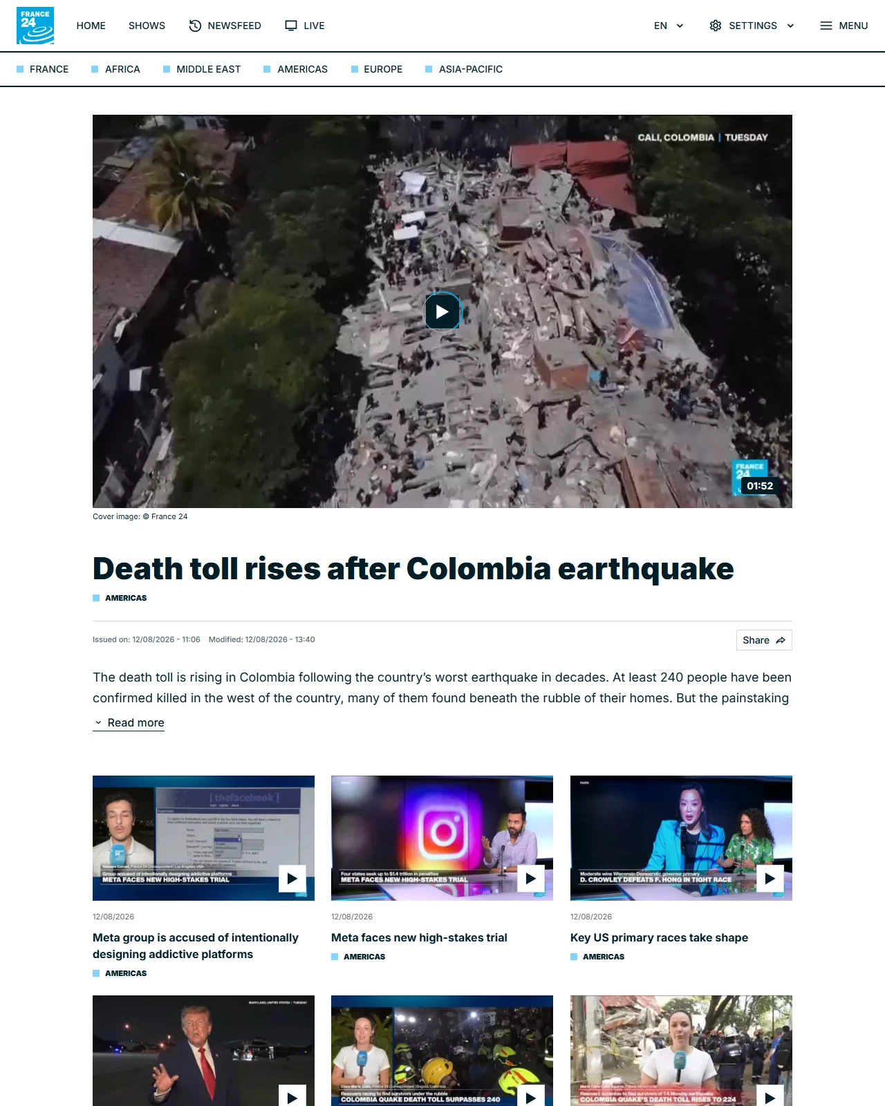 france24.com as published: Death toll rises after Colombia earthquake