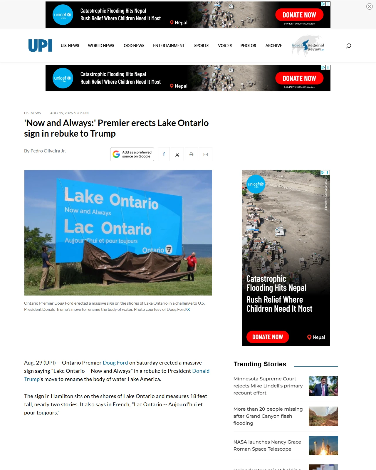 upi.com as published: 'Now and Always:' Premier erects Lake Ontario sign in rebuke to Trump