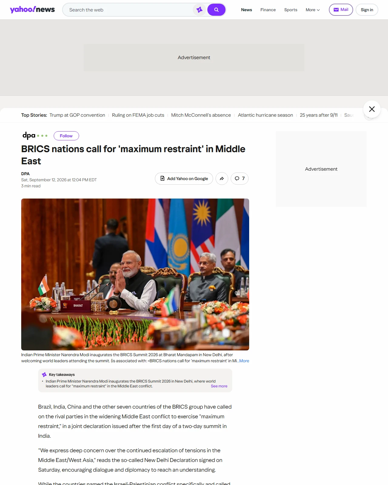 yahoo.com as published: BRICS nations call for 'maximum restraint' in Middle East
