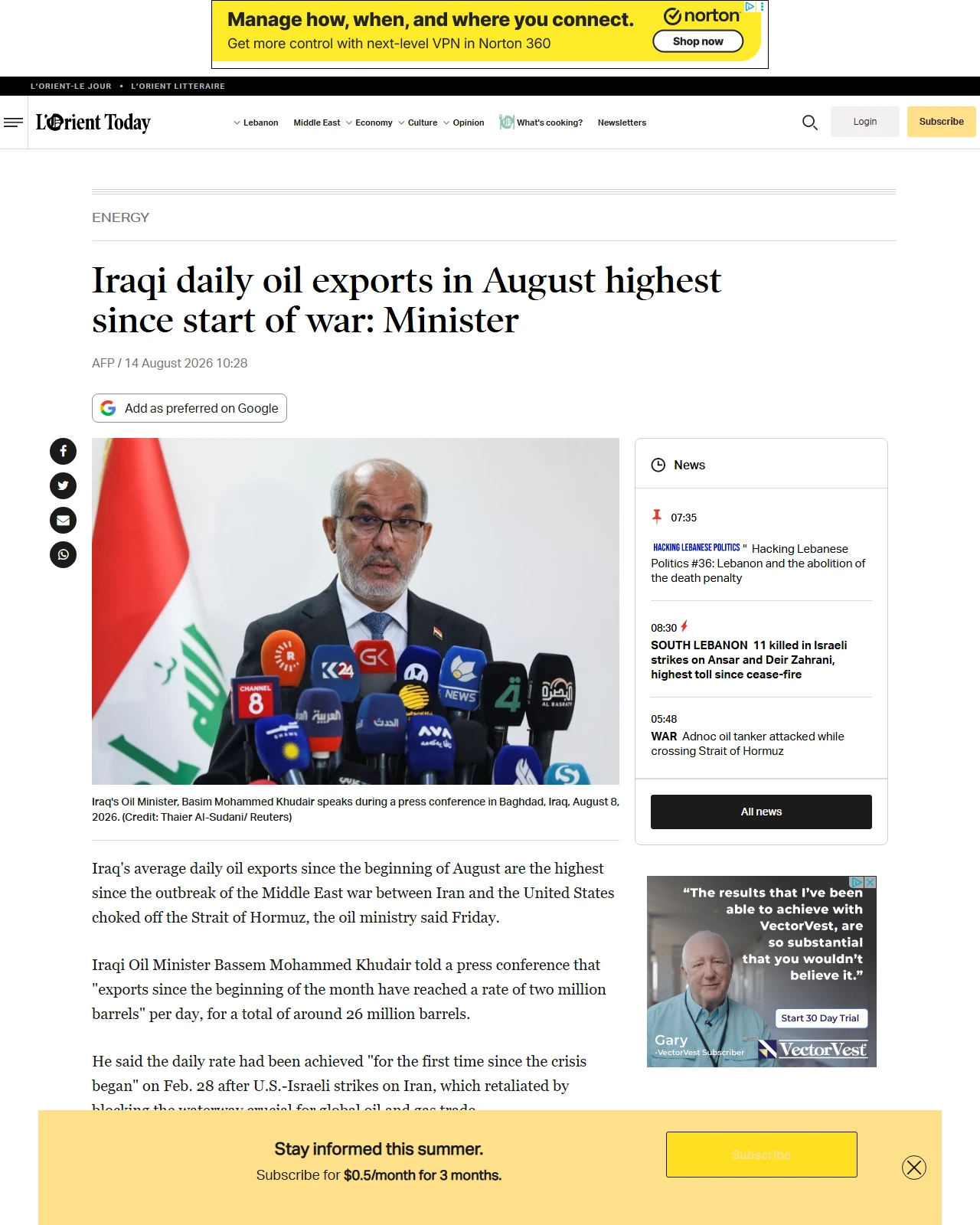 today.lorientlejour.com as published: Iraqi daily oil exports in August highest since start of war: Minister