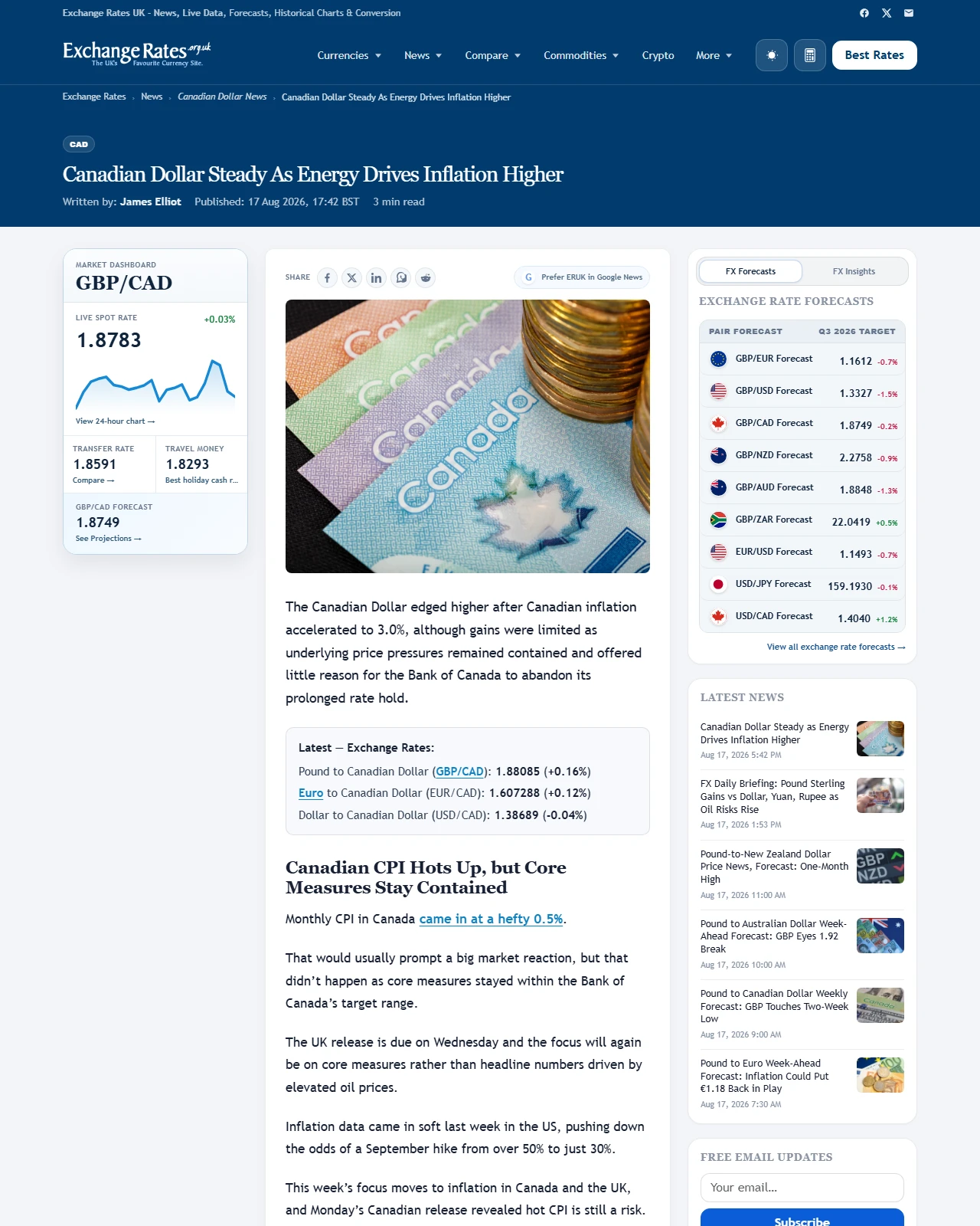 exchangerates.org.uk as published: Canadian Dollar Steady As Energy Drives Inflation Higher