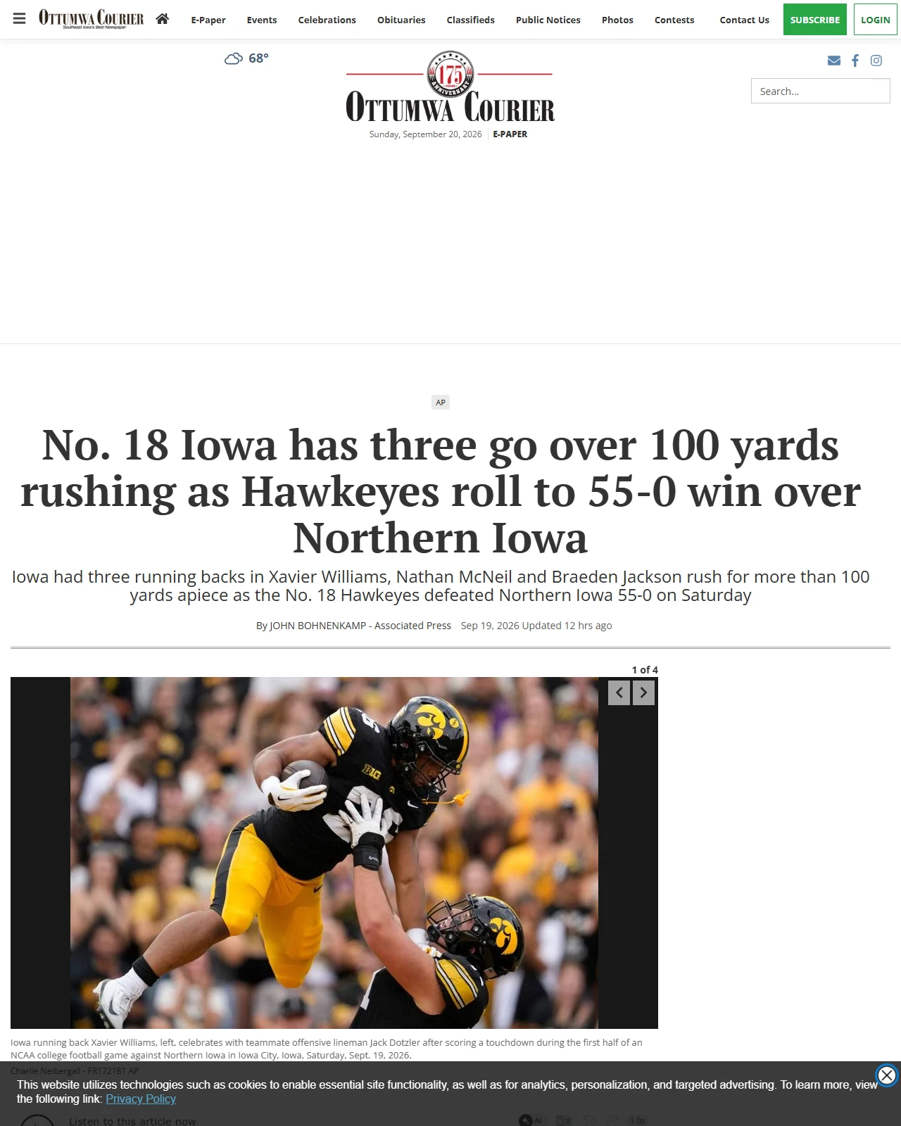 ottumwacourier.com as published: No. 18 Iowa has three go over 100 yards rushing as Hawkeyes roll to 55-0 win over Northern Iowa