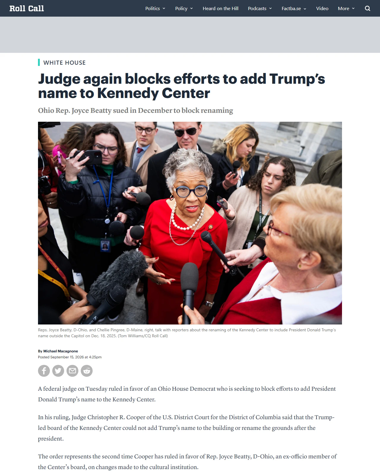 rollcall.com as published: Judge again blocks efforts to add Trump’s name to Kennedy Center