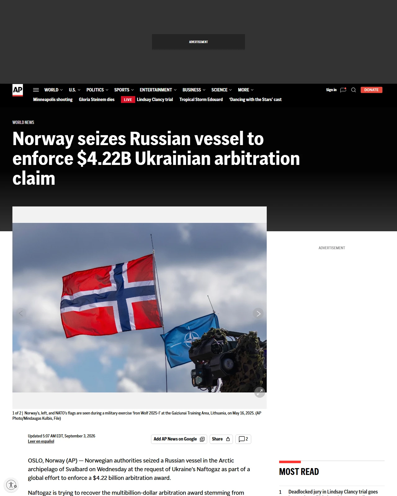 apnews.com as published: Norway seizes Russian vessel to enforce $4.22B Ukrainian arbitration claim