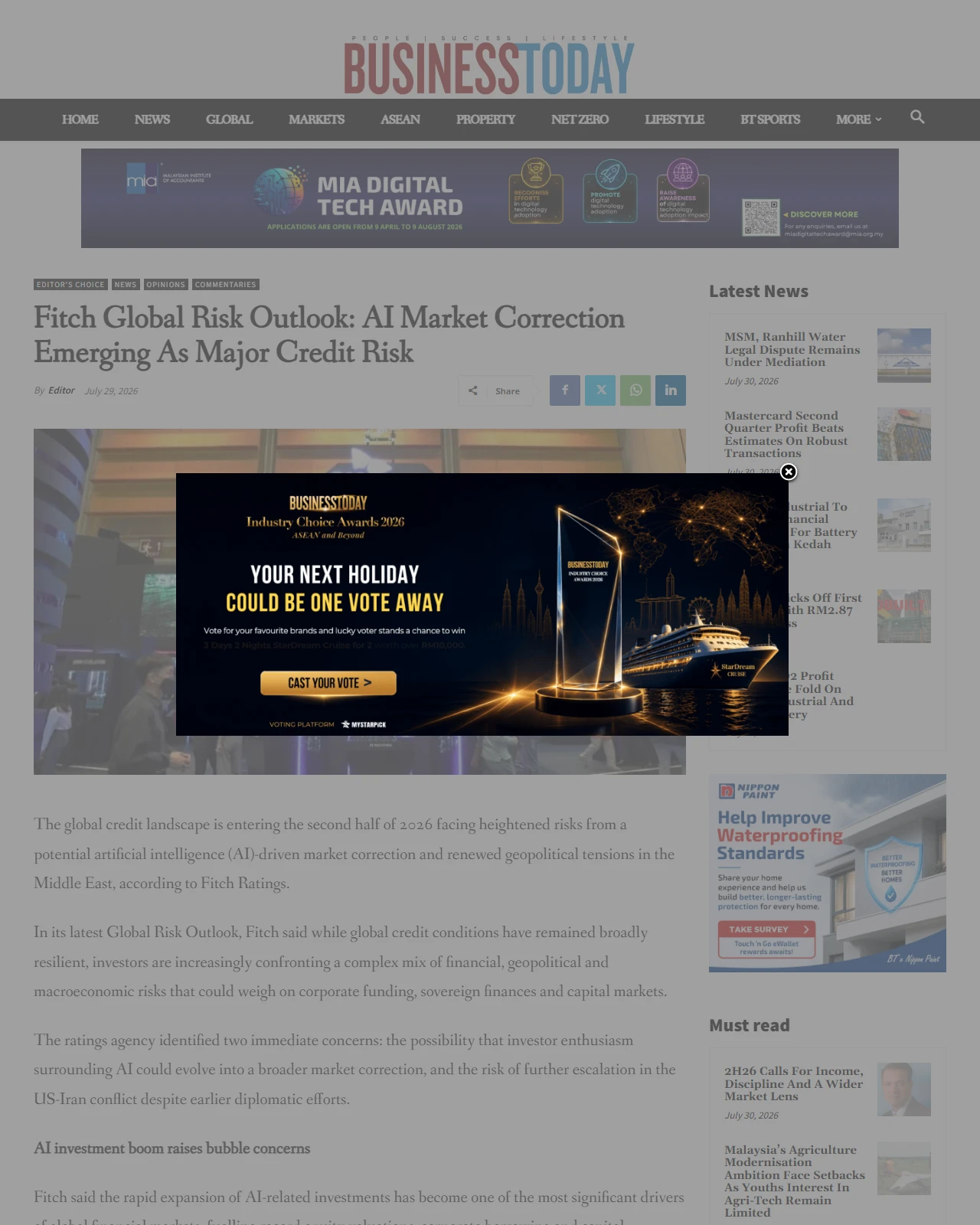 businesstoday.com.my as published: Fitch Global Risk Outlook: AI Market Correction Emerging As Major Credit Risk
