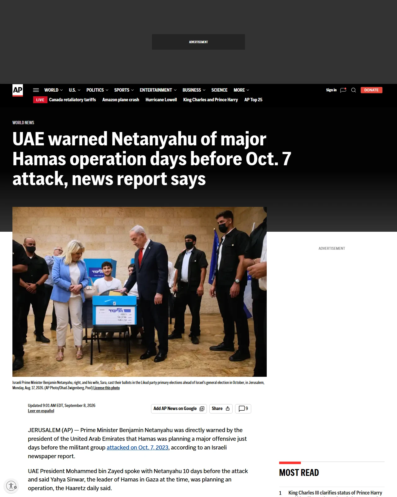 apnews.com as published: UAE warned Netanyahu of major Hamas operation days before Oct. 7 attack, news report says