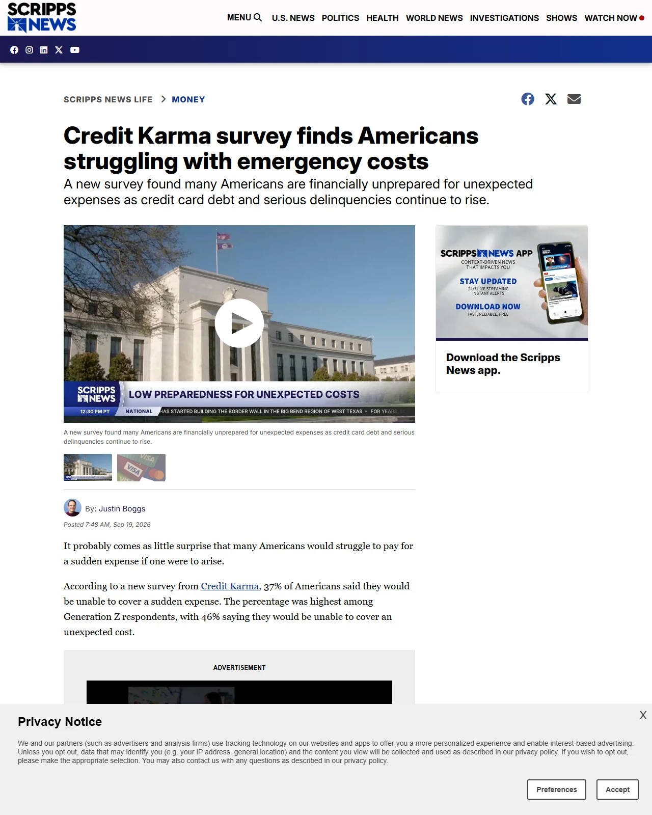 scrippsnews.com as published: Credit Karma survey finds Americans struggling with emergency costs