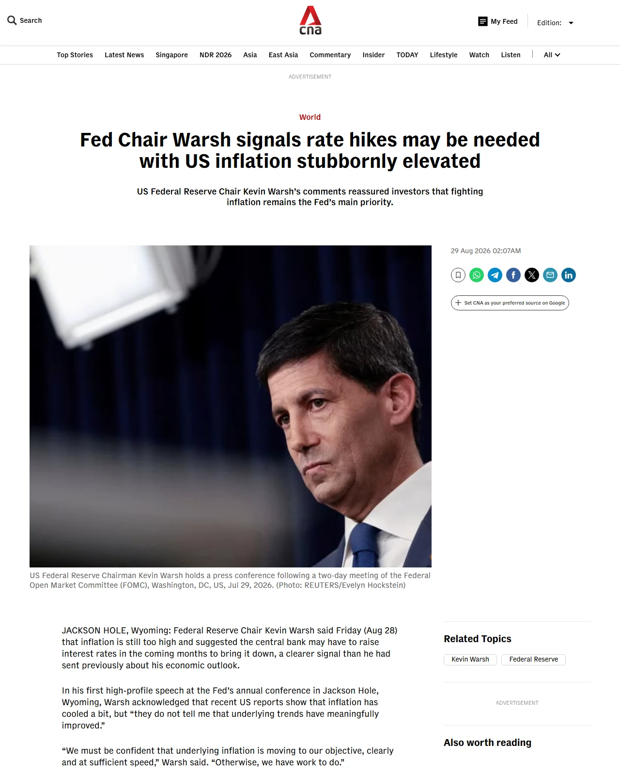 channelnewsasia.com as published: Fed Chair Warsh signals rate hikes may be needed with US inflation stubbornly elevated