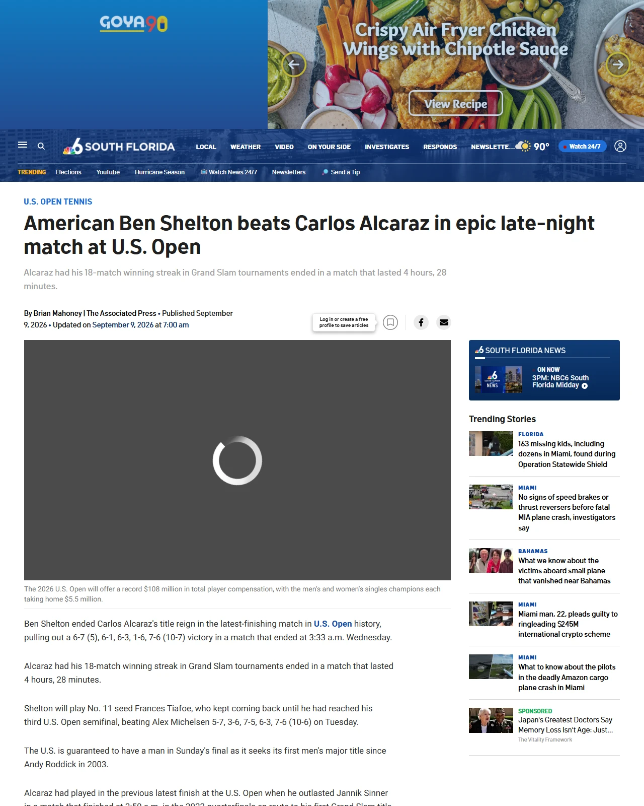 nbcmiami.com as published: American Ben Shelton beats Carlos Alcaraz in epic late-night match at U.S. Open