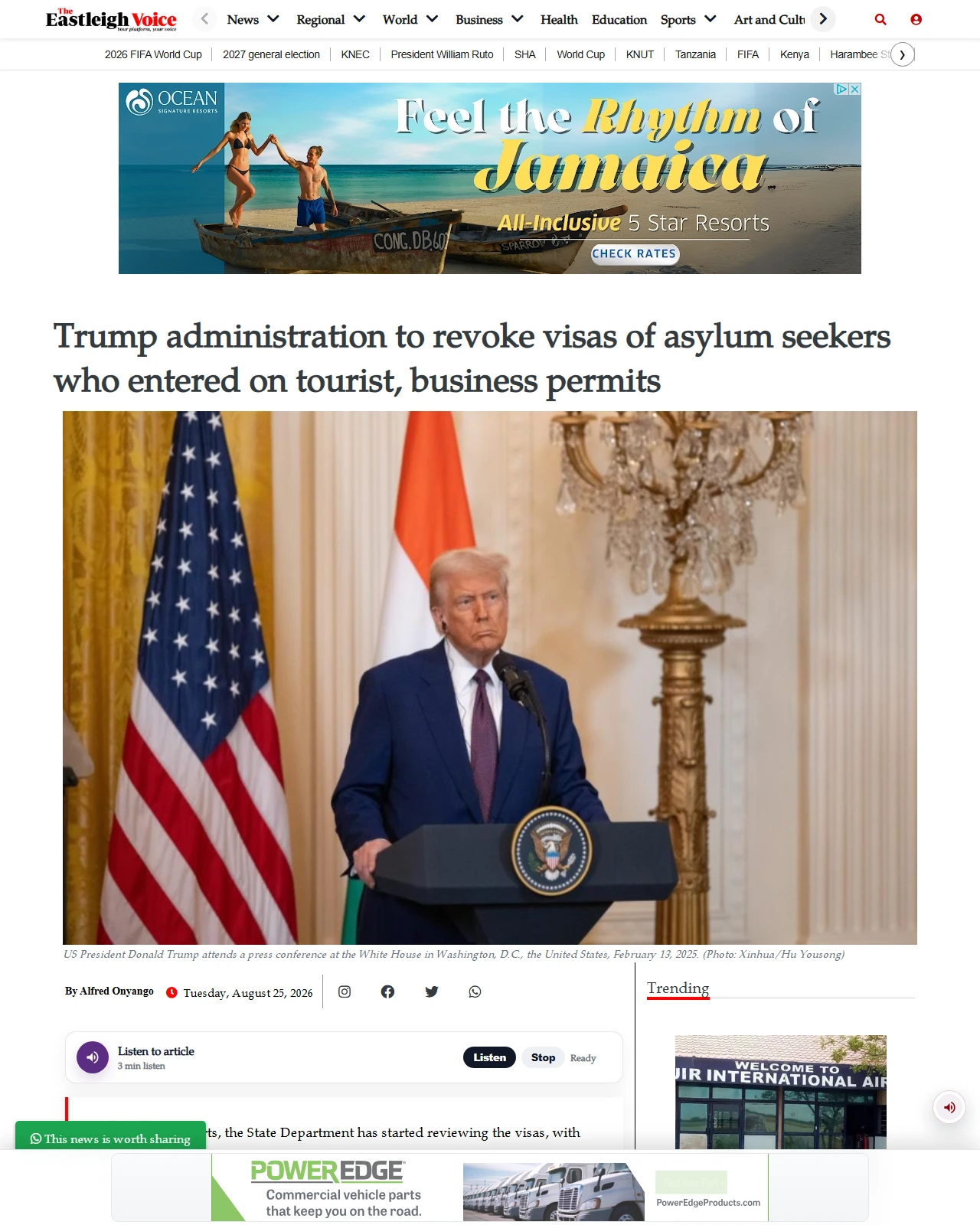 eastleighvoice.co.ke as published: Trump administration to revoke visas of asylum seekers who entered on tourist, business permits