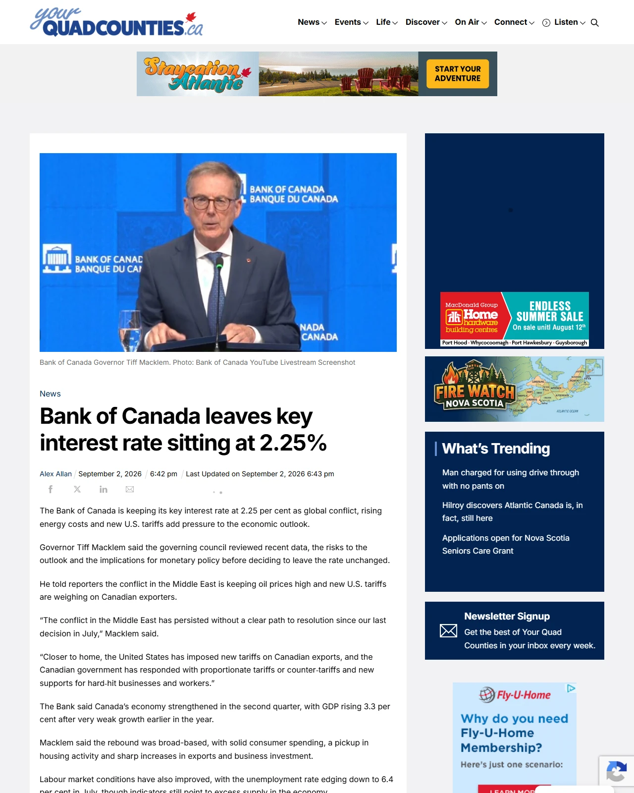 yourquadcounties.ca as published: Bank of Canada leaves key interest rate sitting at 2.25%