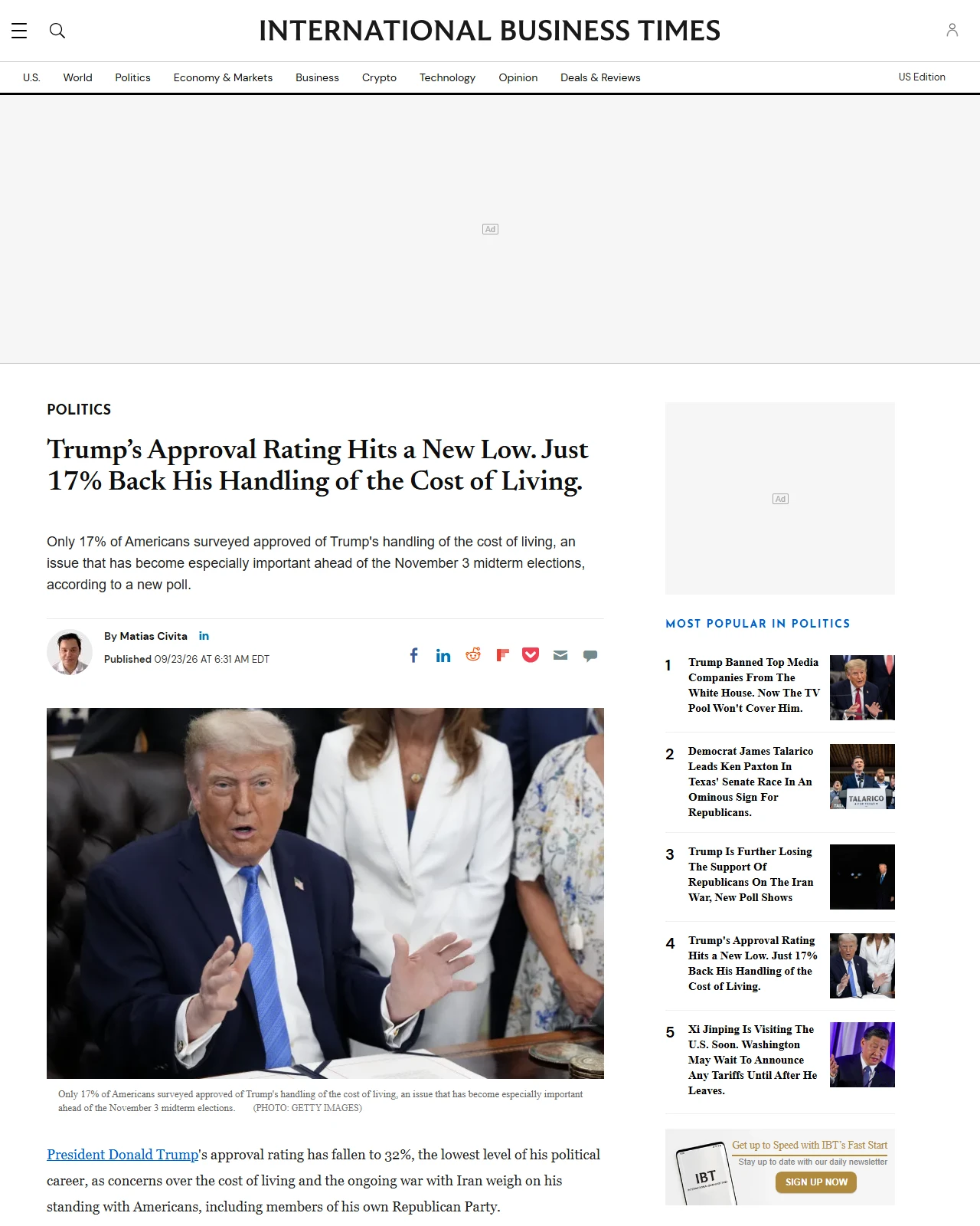 ibtimes.com as published: Trump’s Approval Rating Hits a New Low. Just 17% Back His Handling of the Cost of Living.