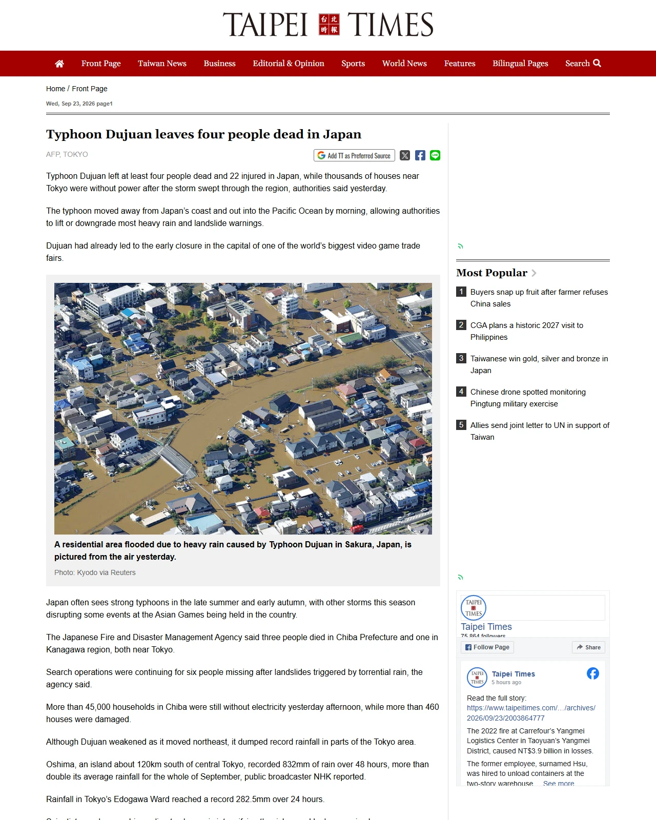 taipeitimes.com as published: Typhoon Dujuan leaves four people dead in Japan
