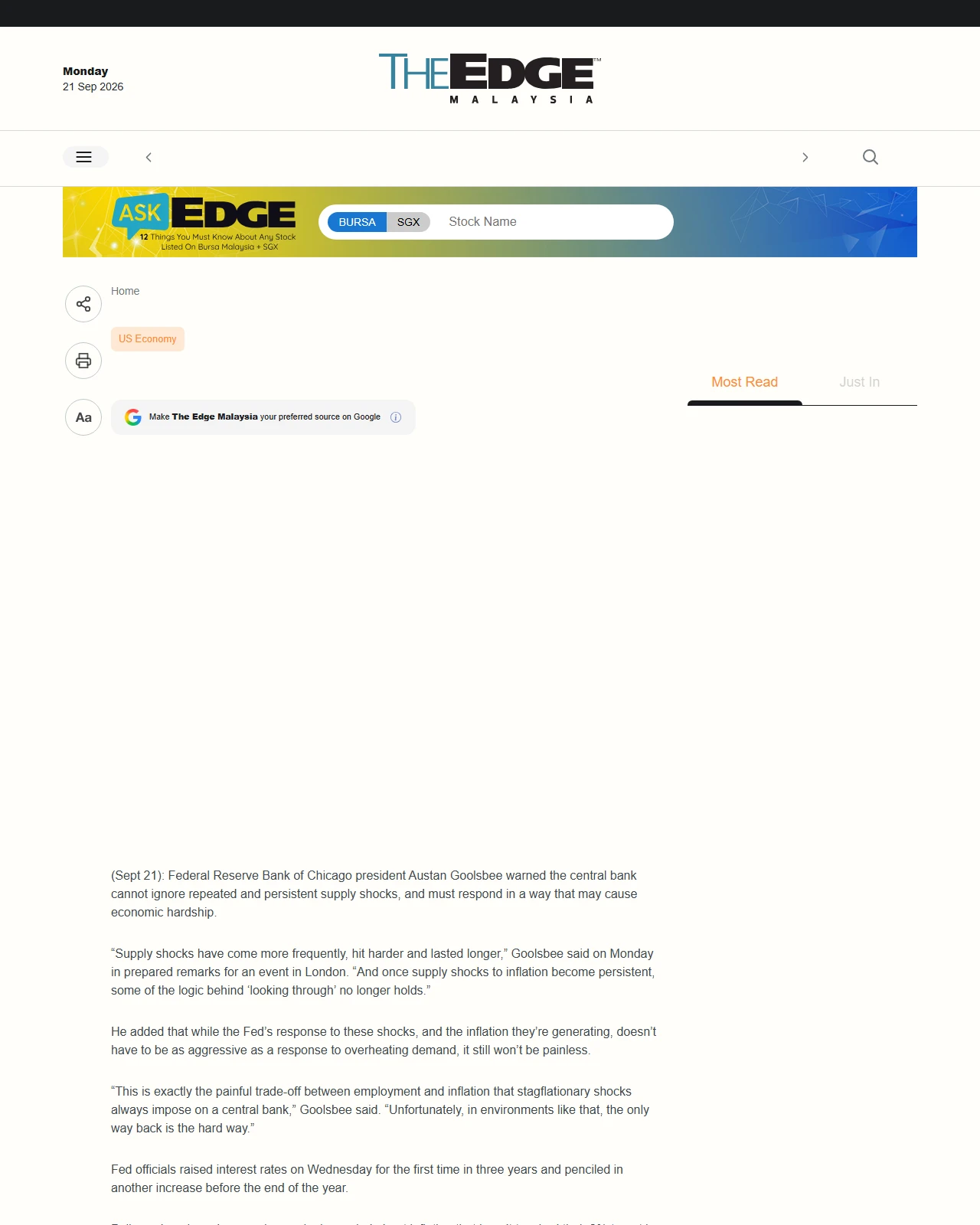 theedgemalaysia.com as published: Fed’s Goolsbee says road to 2% inflation may not be painless