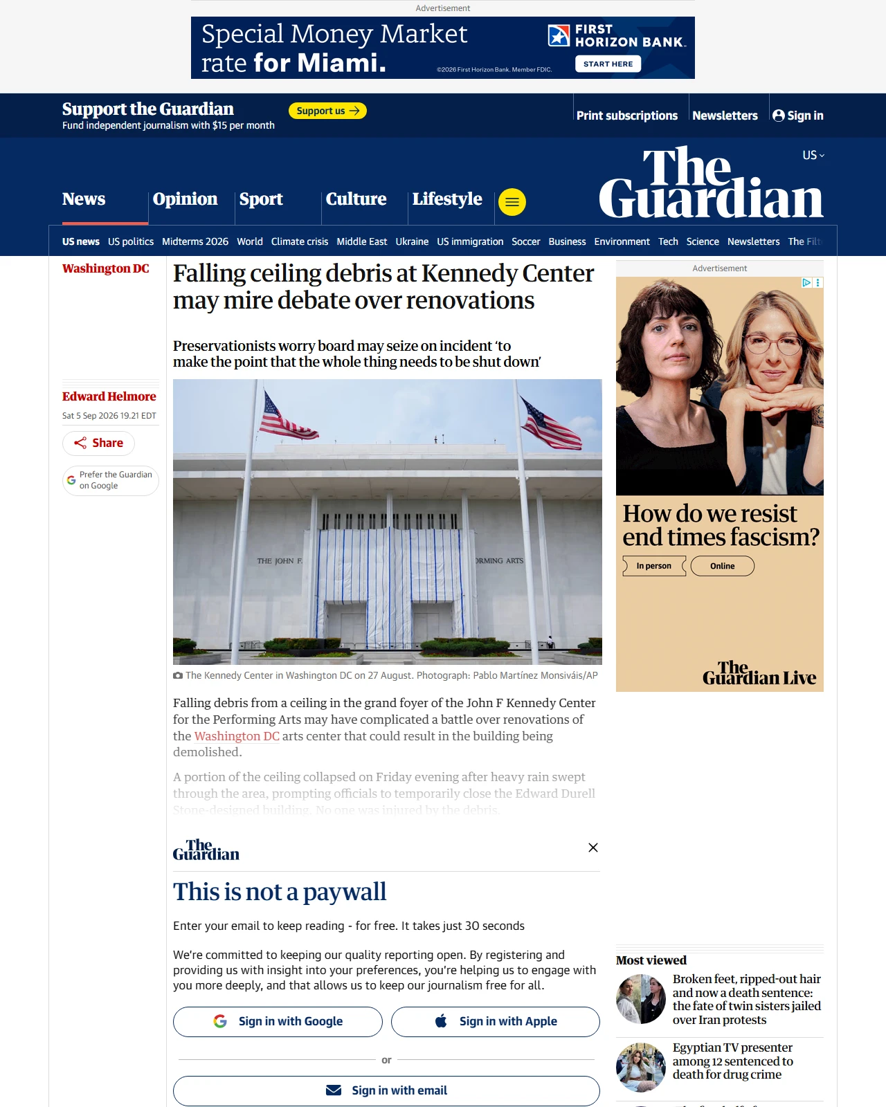 theguardian.com as published: Falling ceiling debris at Kennedy Center may mire debate over renovations