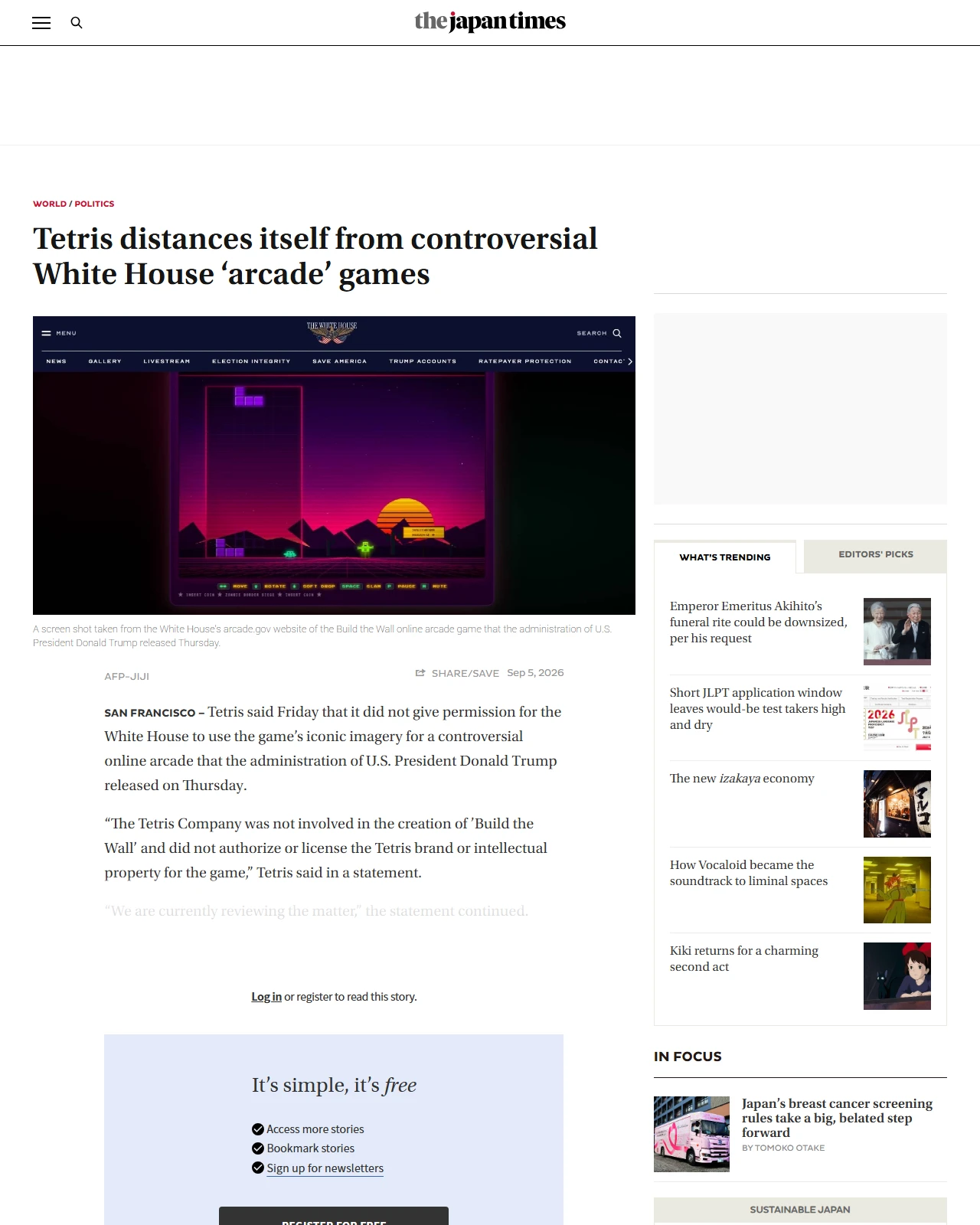 japantimes.co.jp as published: Tetris distances itself from controversial White House ‘arcade’ games