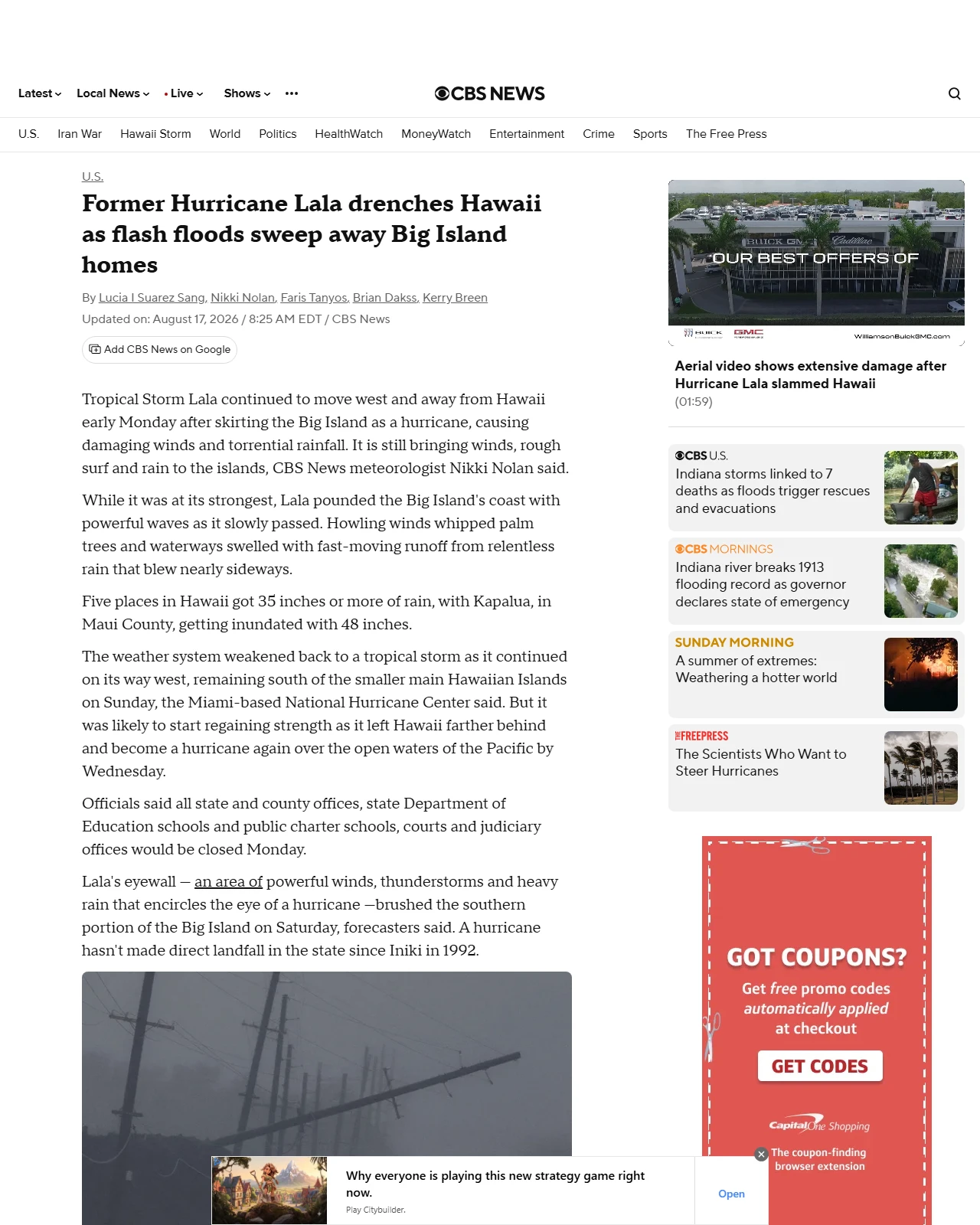 cbsnews.com as published: Former Hurricane Lala drenches Hawaii, flash floods sweep away Big Island homes