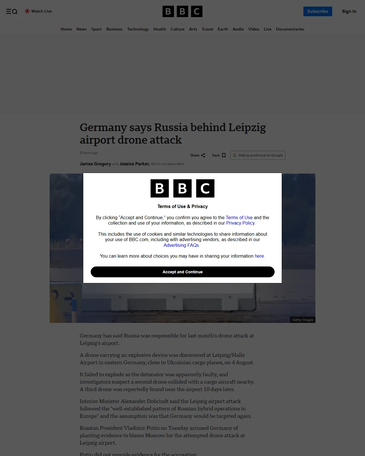 bbc.co.uk as published: Germany says Russia behind Leipzig airport drone attack