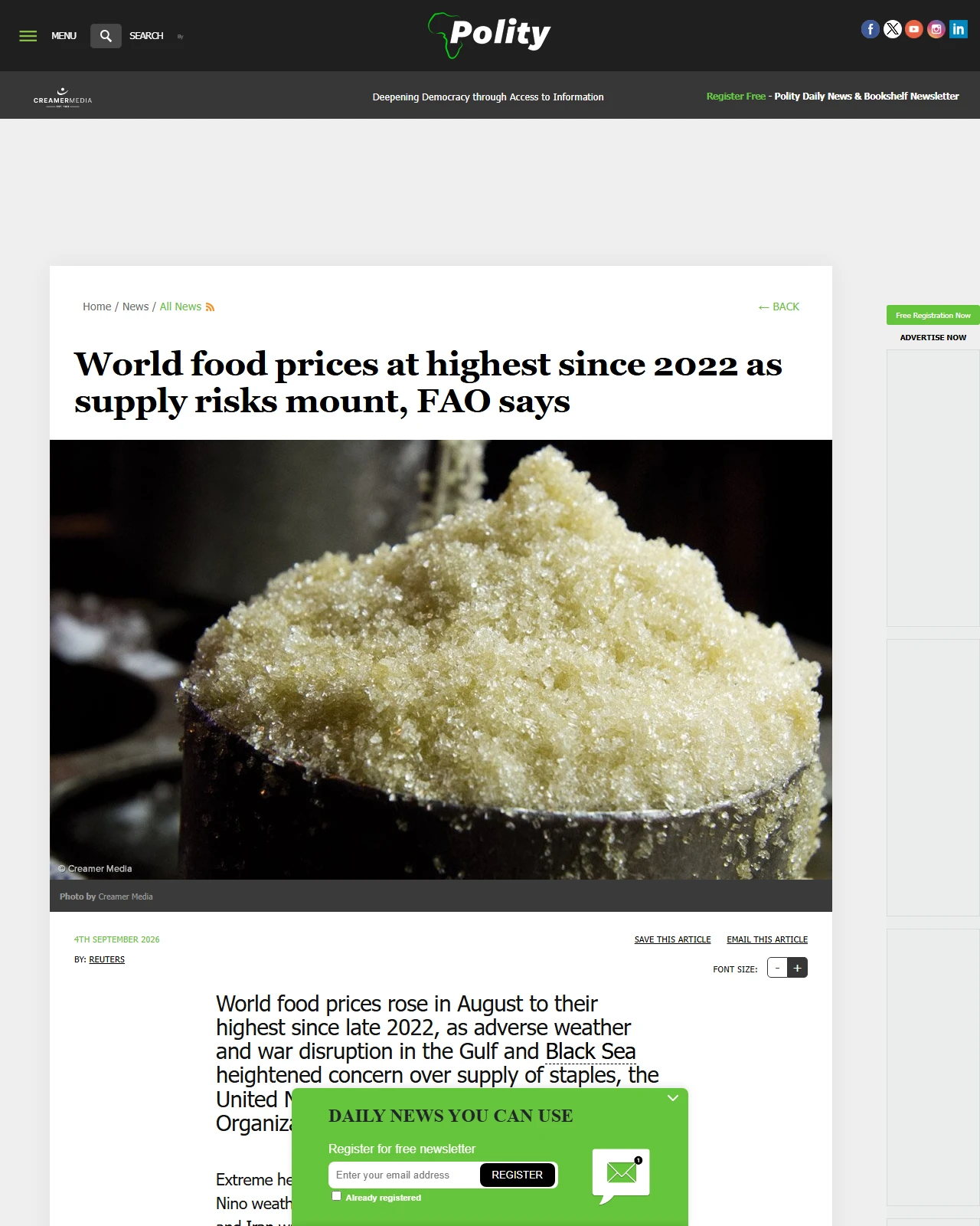 polity.org.za as published: World food prices at highest since 2022 as supply risks mount, FAO says