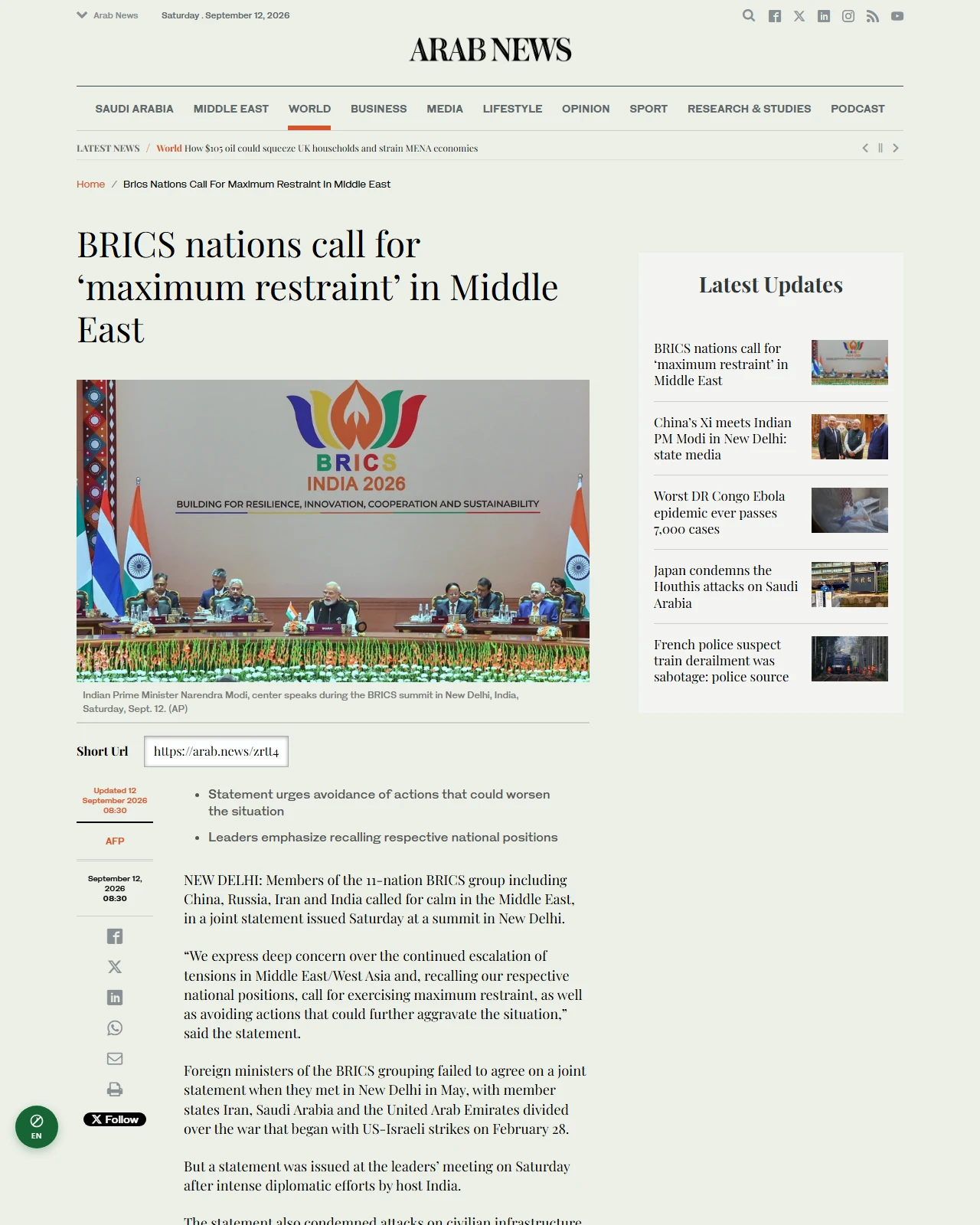 arabnews.com as published: BRICS nations call for ‘maximum restraint’ in Middle East